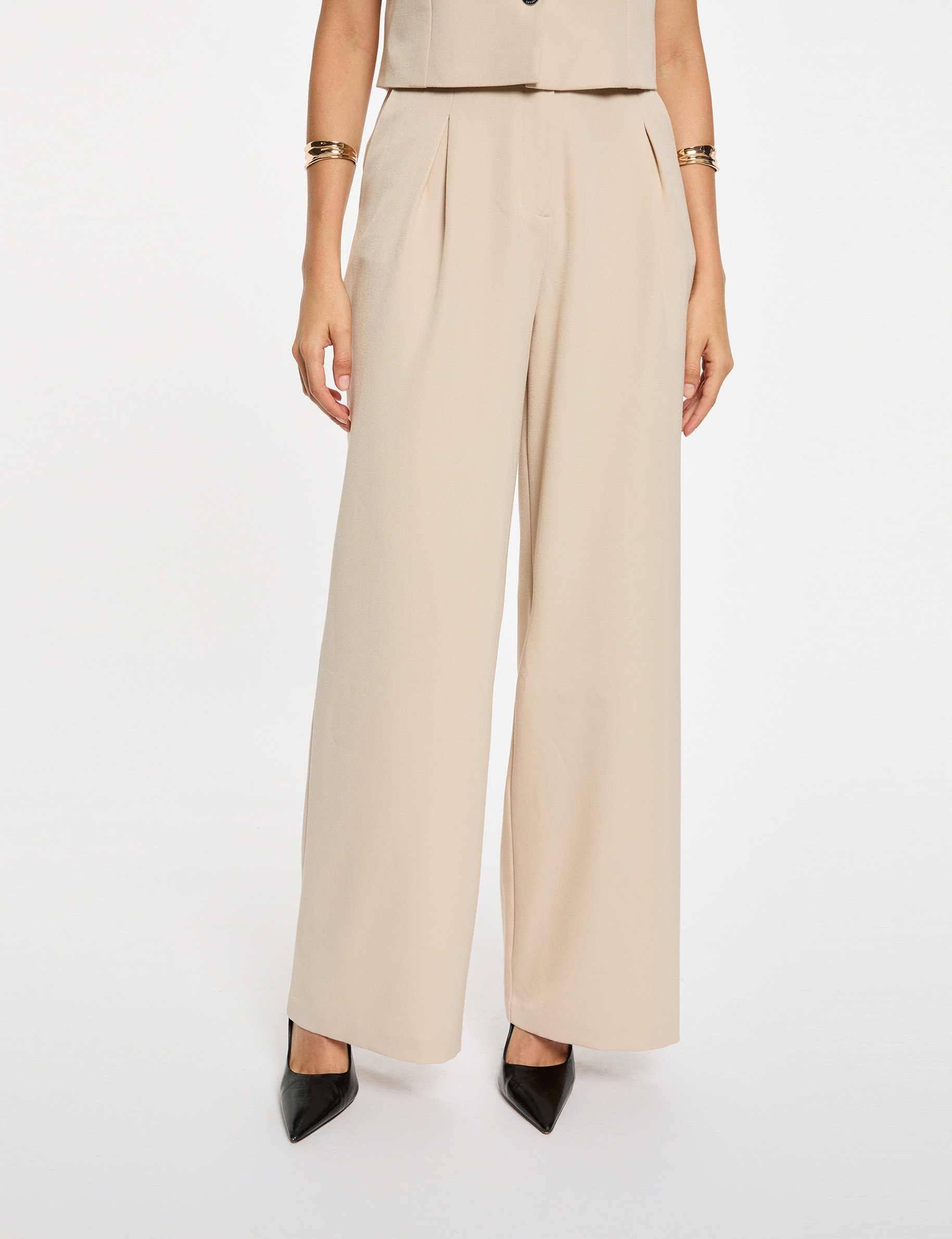 Pantal&oacute;n ancho de tiro alto beige mujer