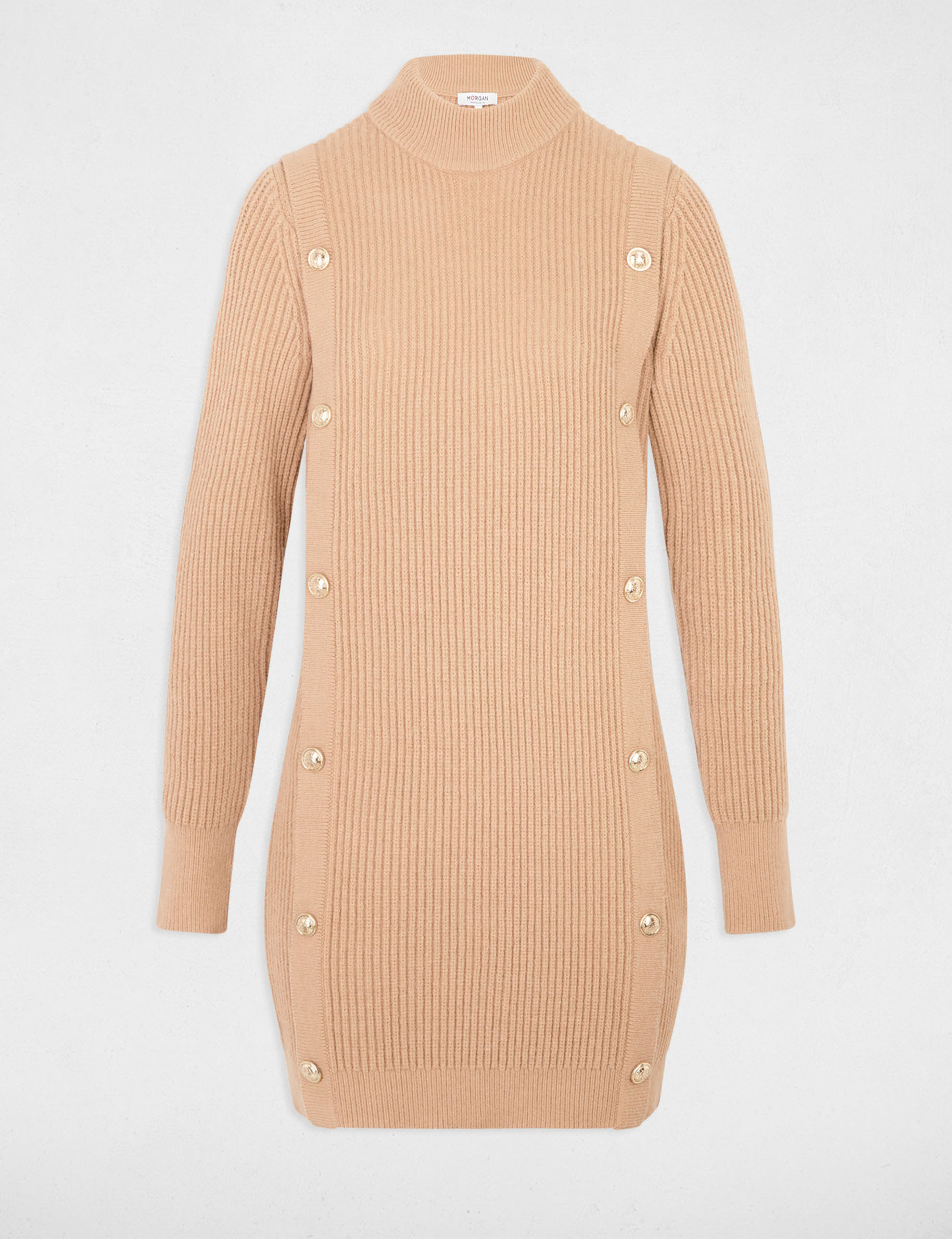 Vestido de punto corto cuello redondo beige mujer