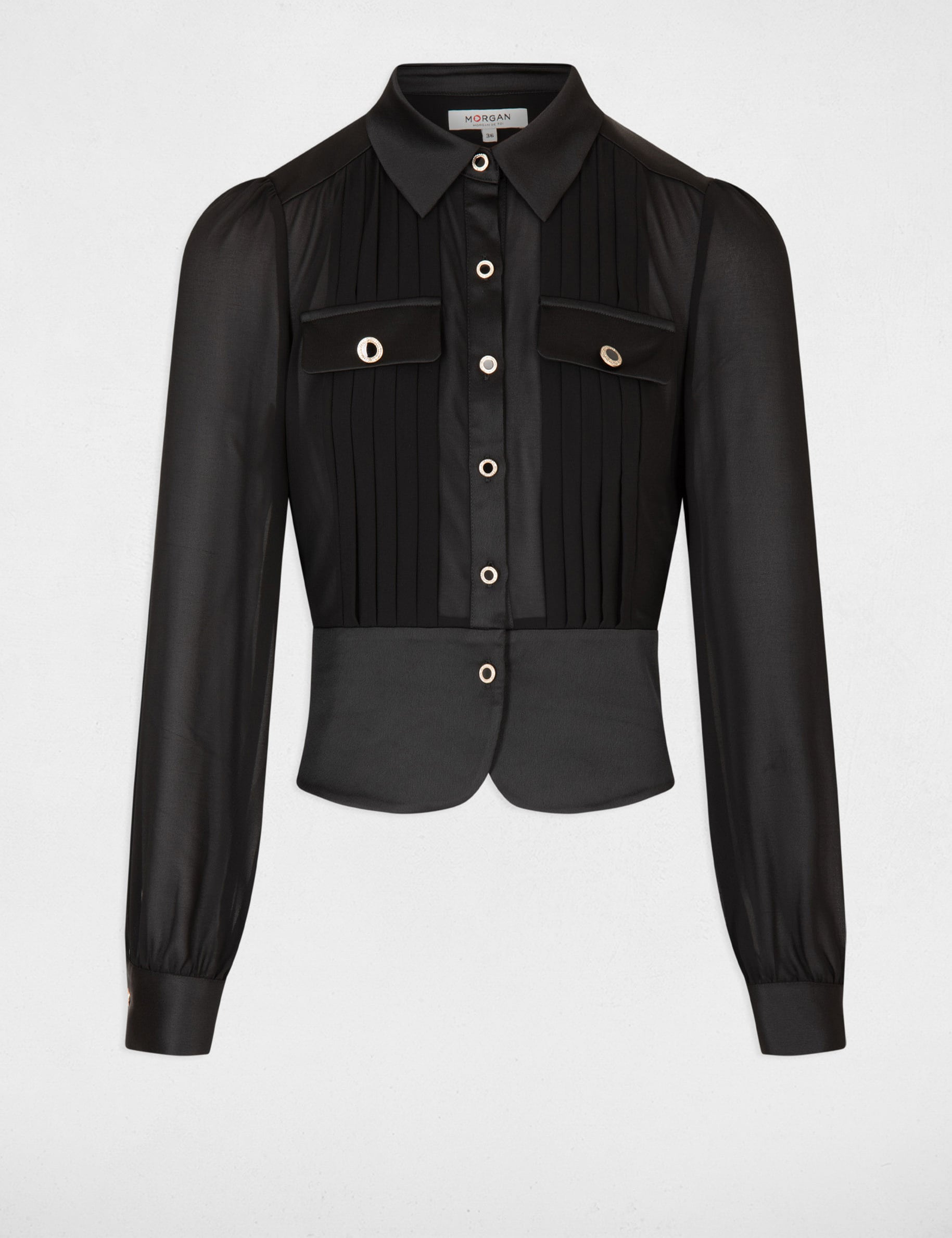 Camisa manga larga con pliegues negro mujer