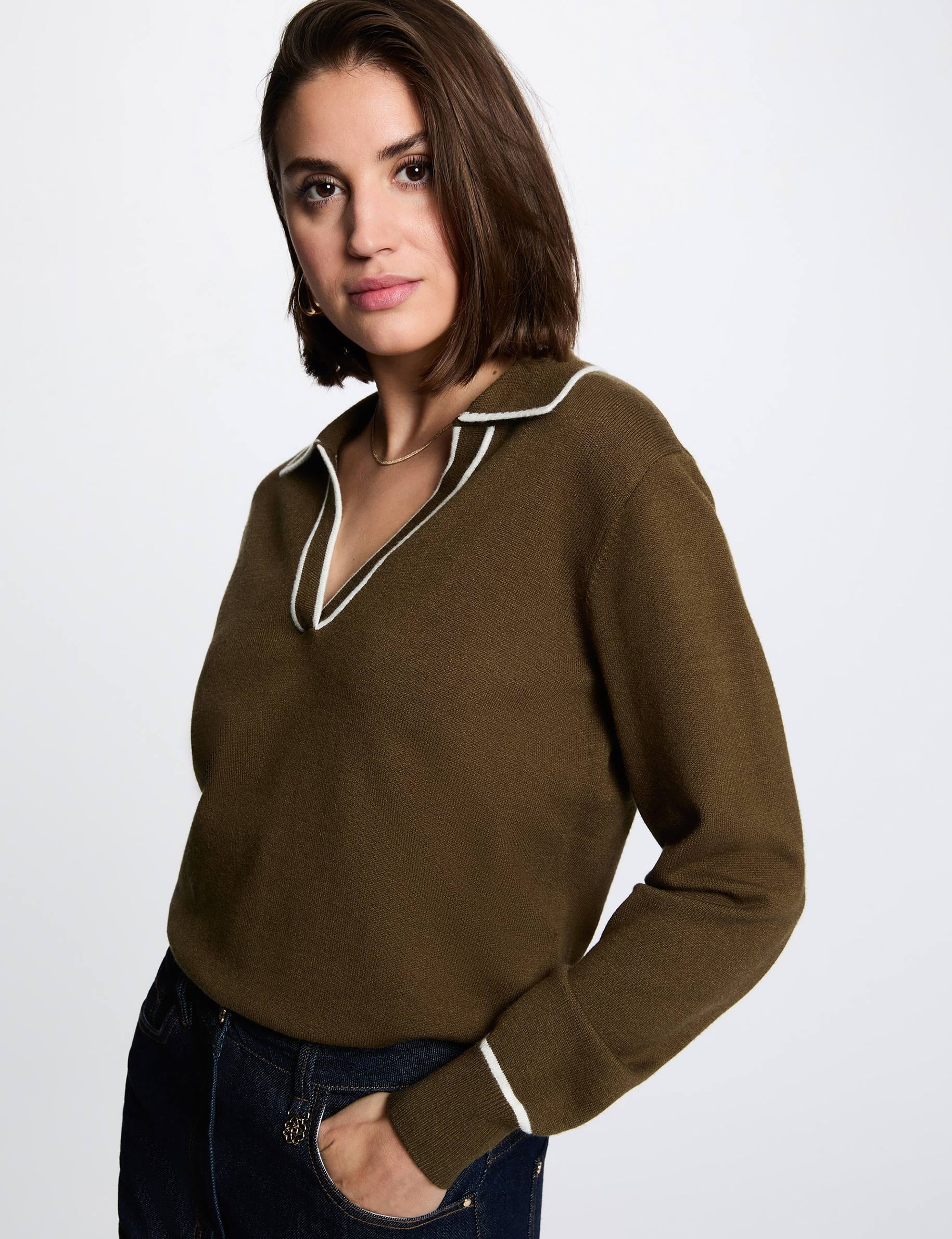 Jersey cuello polo verde caqui mujer