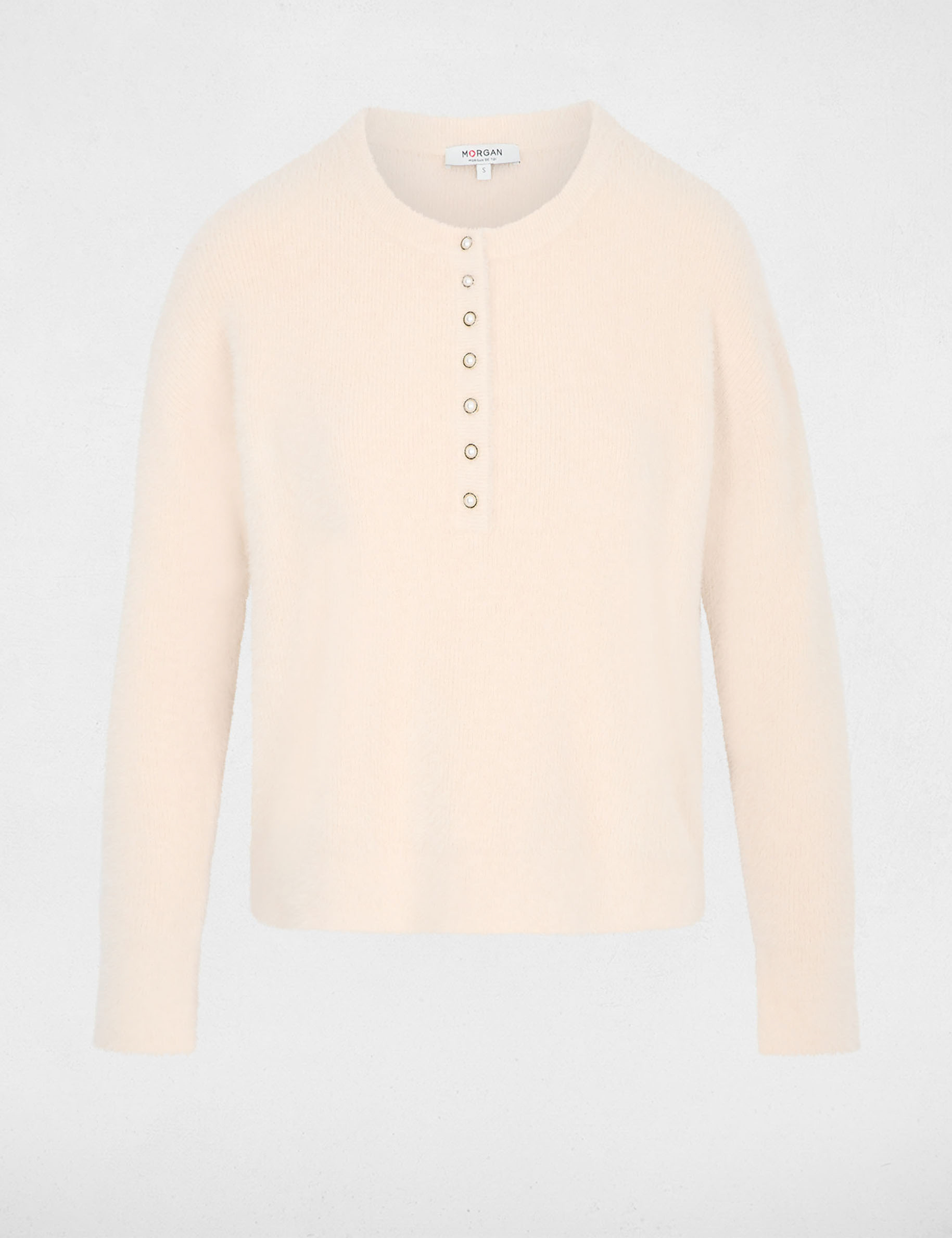 Jersey con cuello redondo y botones beige mujer