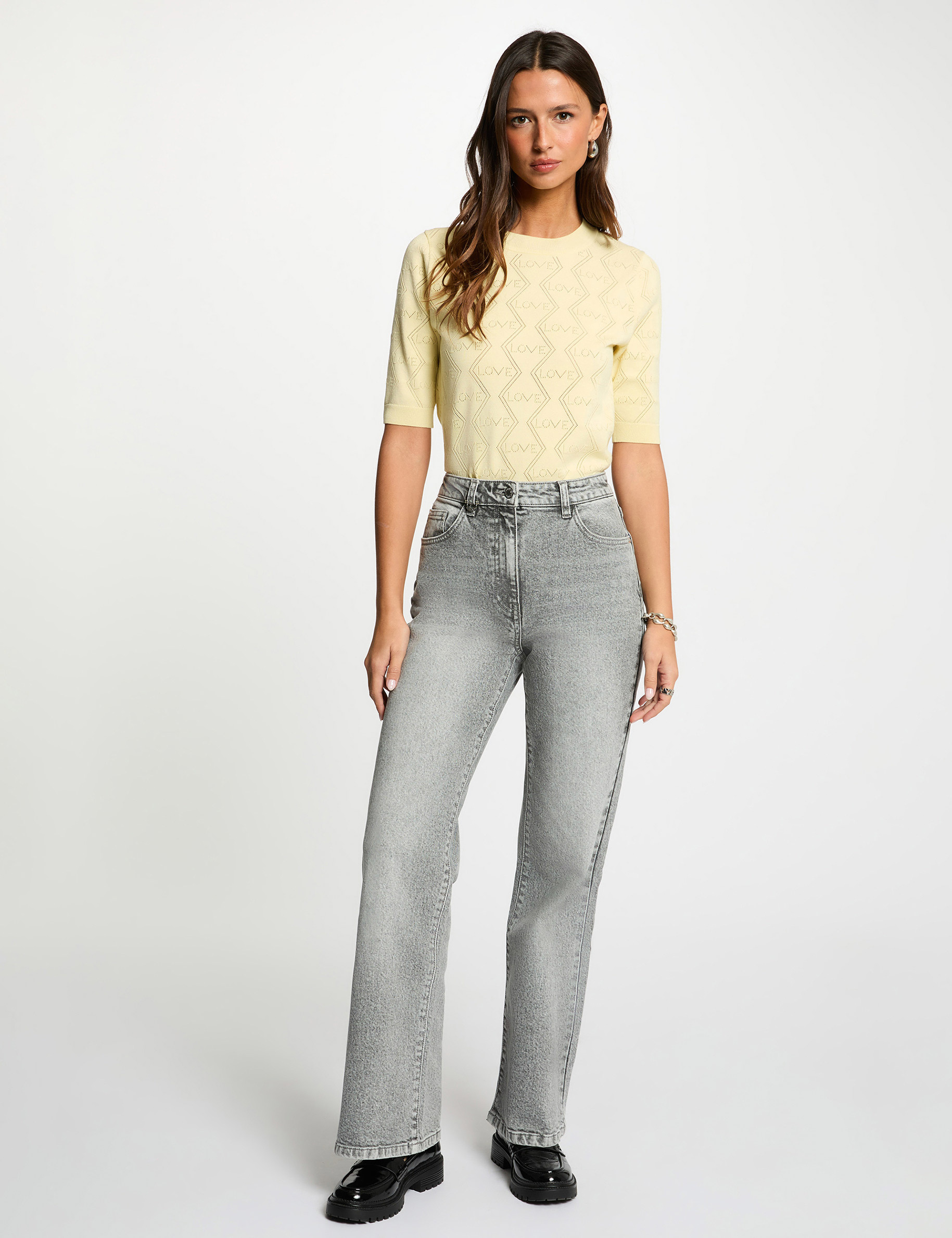 Jersey calado mangas 3/4 amarillo pastel mujer