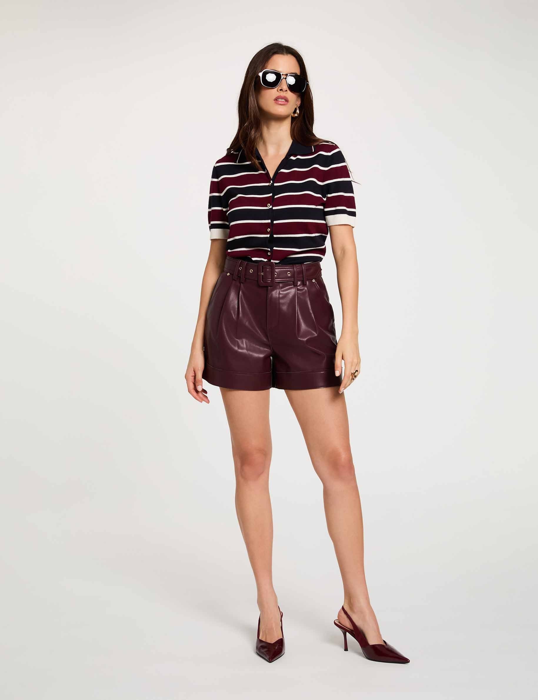 Jersey de rayas con cuello polo burdeos mujer