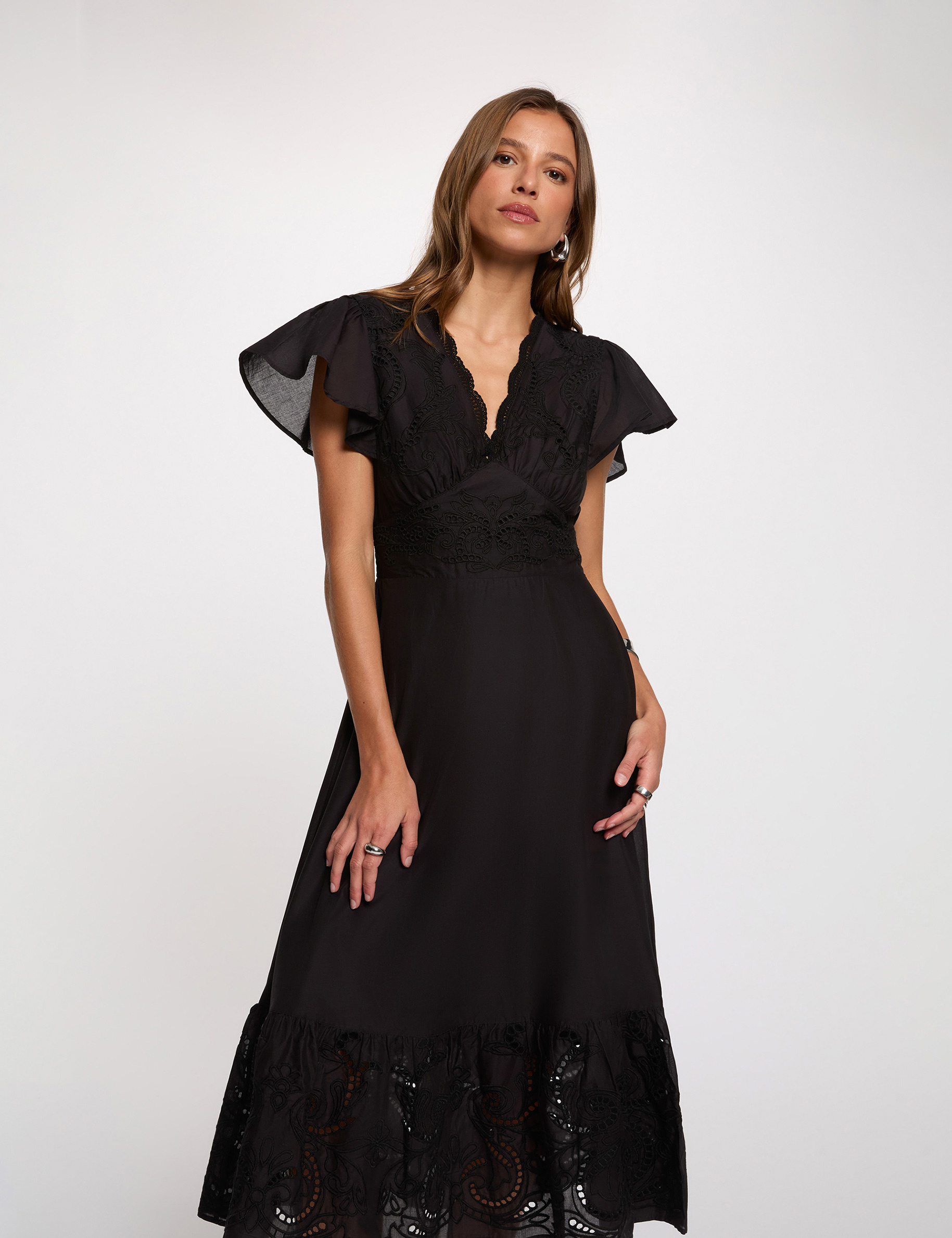 Vestido largo bordado negro mujer