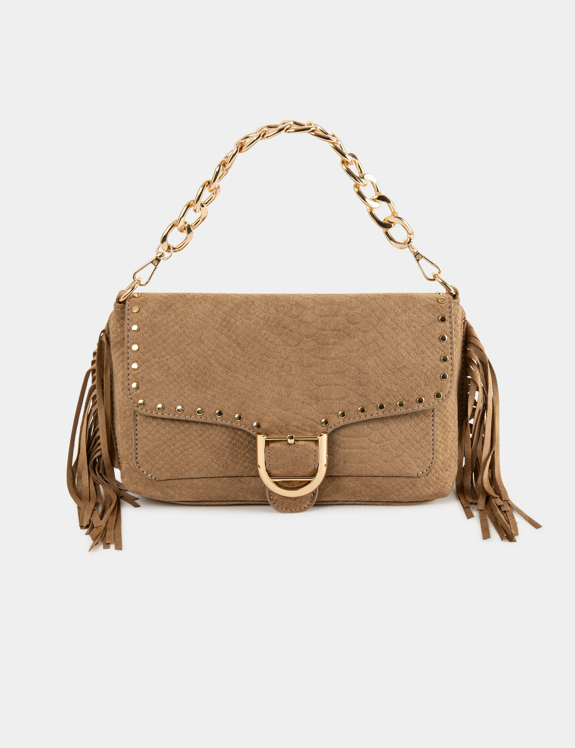Bolso cocodrilo con flecos y tachuelas arena mujer