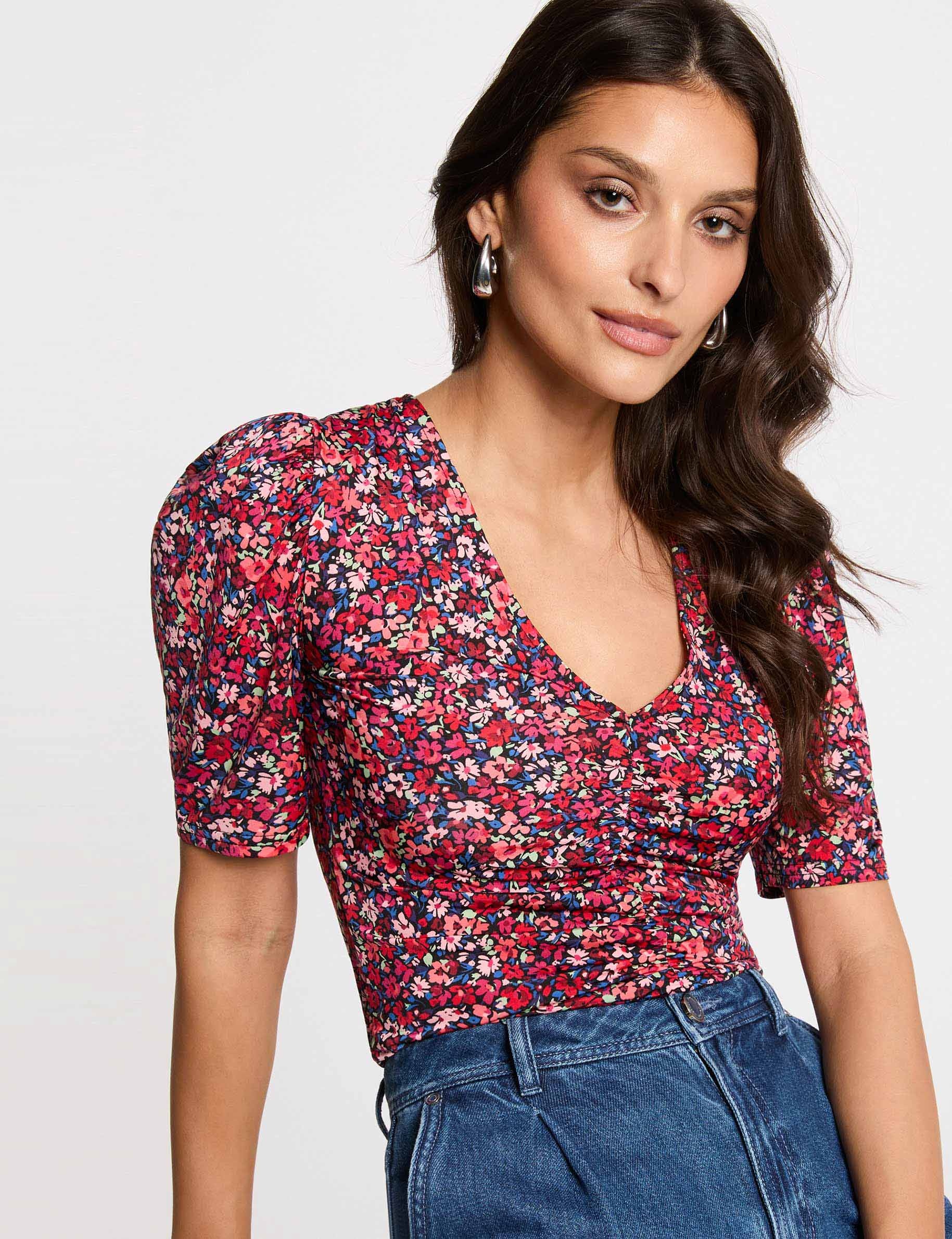 Camiseta ajustada cuello v multicolor mujer