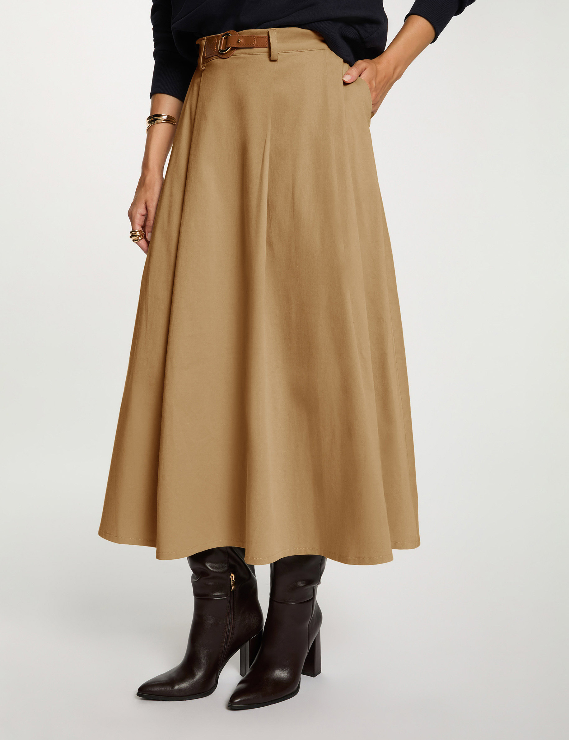 Falda evas&eacute; de talle alto beige mujer