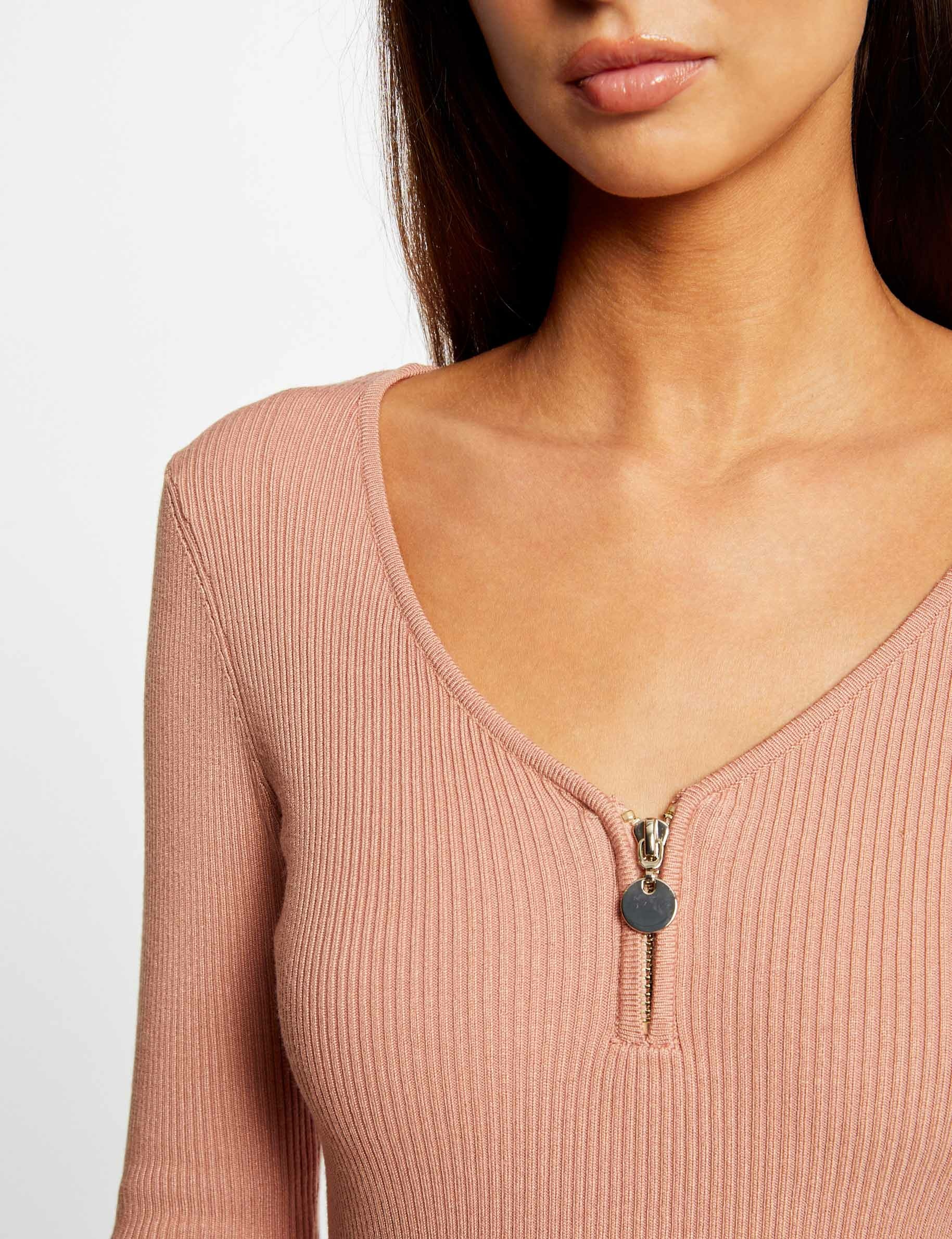 Jersey manga larga acanalado rosa envejecido mujer