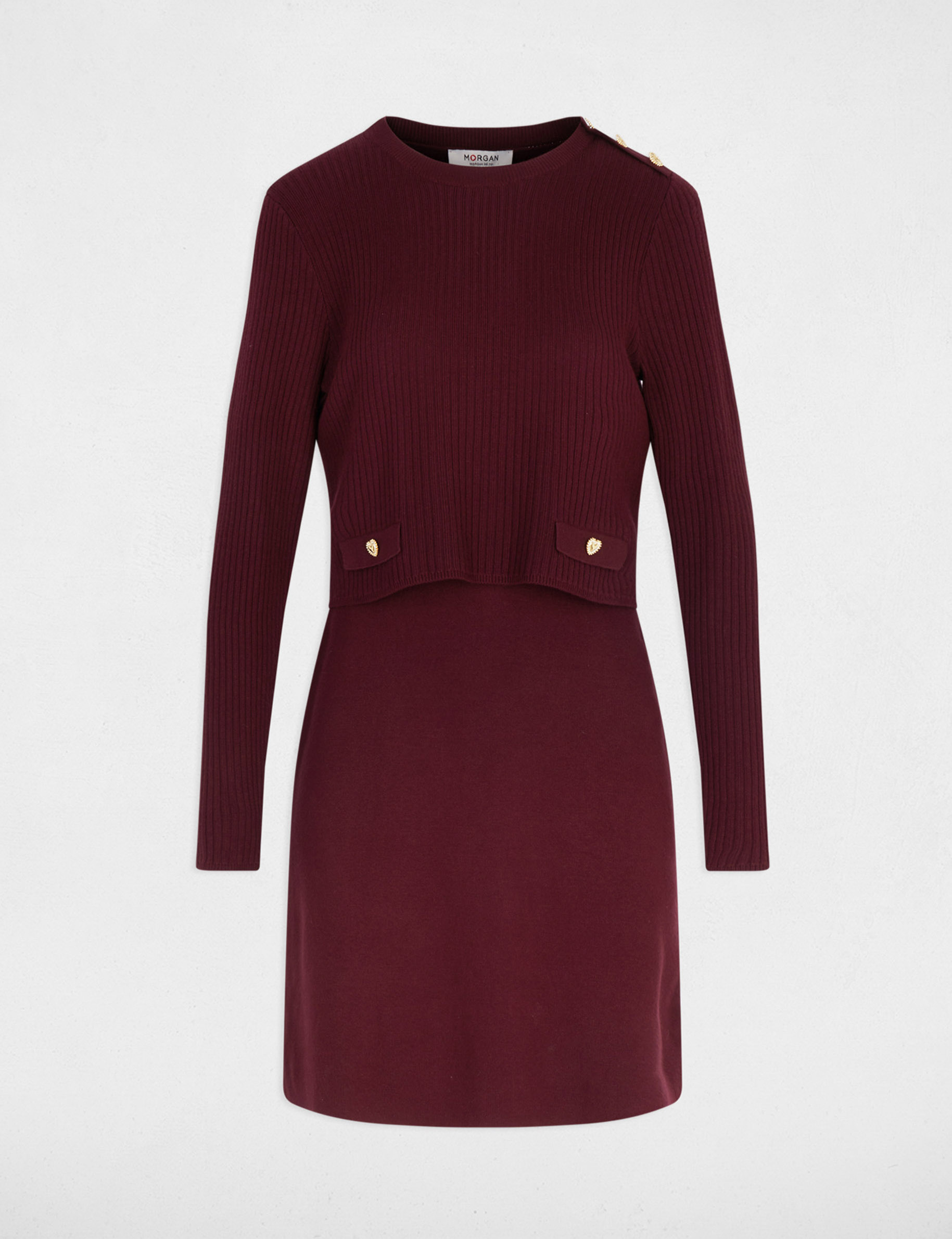 Vestido corto de punto efecto 2 en 1 ciruela mujer