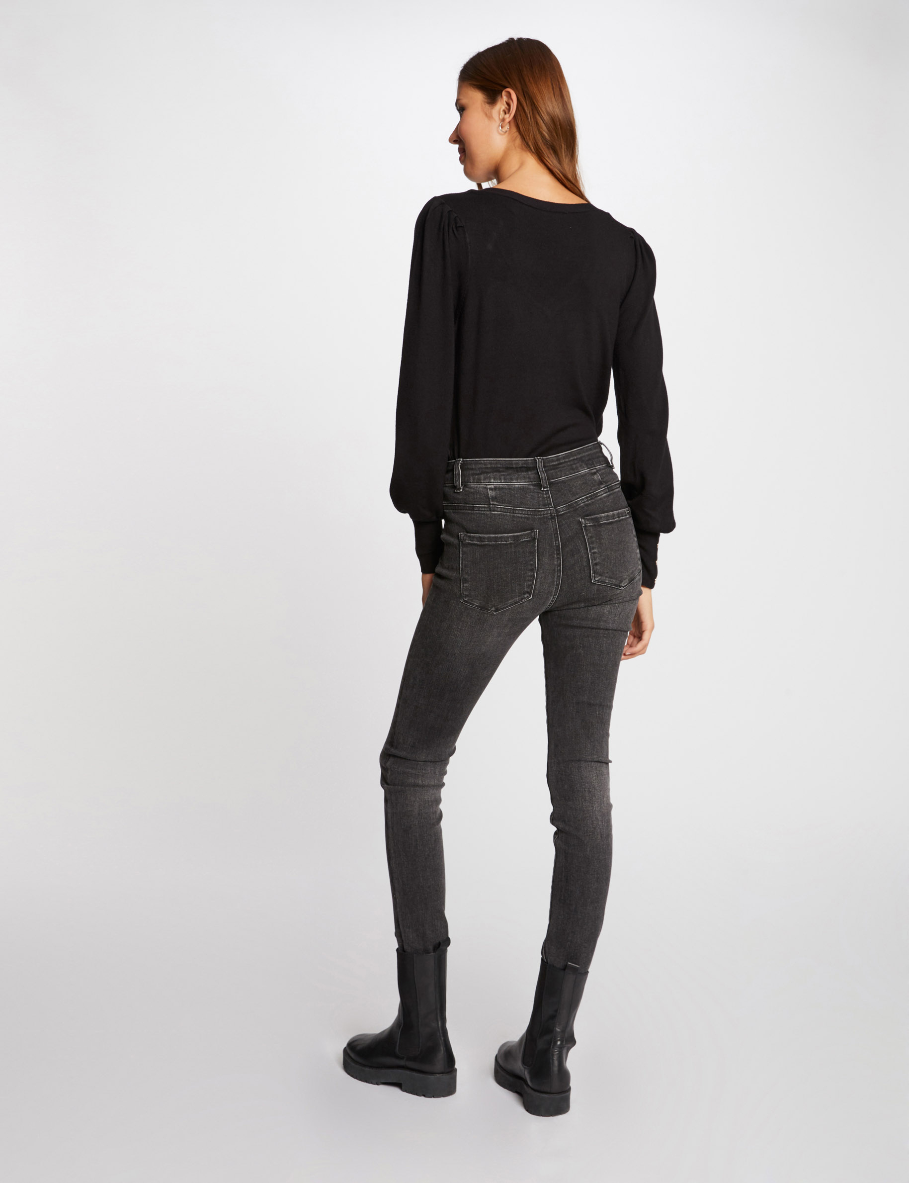 Jersey manga larga con escote en V negro mujer