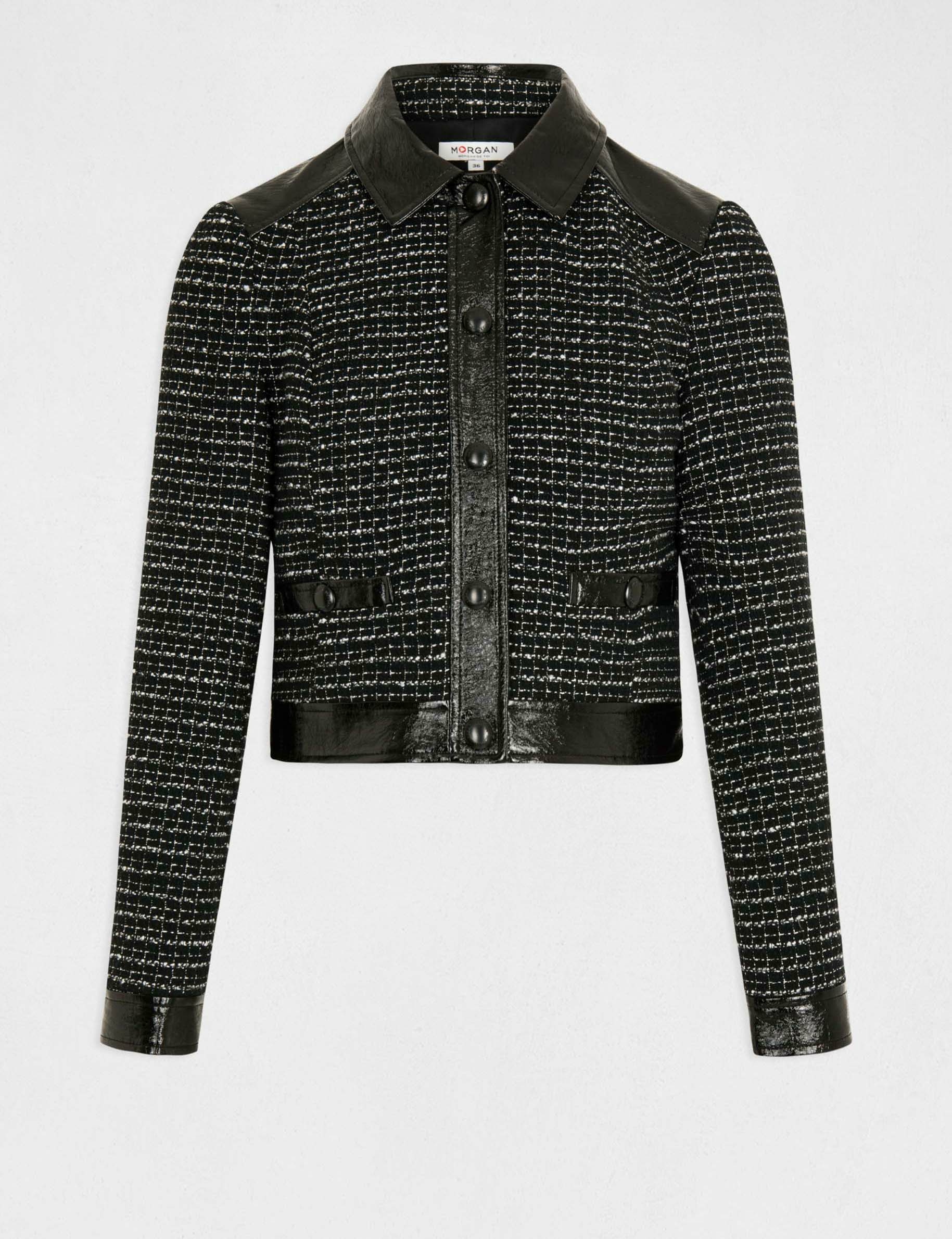 chaqueta recta con detalles de vinilo negro mujer Chaqueta recta con detalles de vinilo negro mujer
