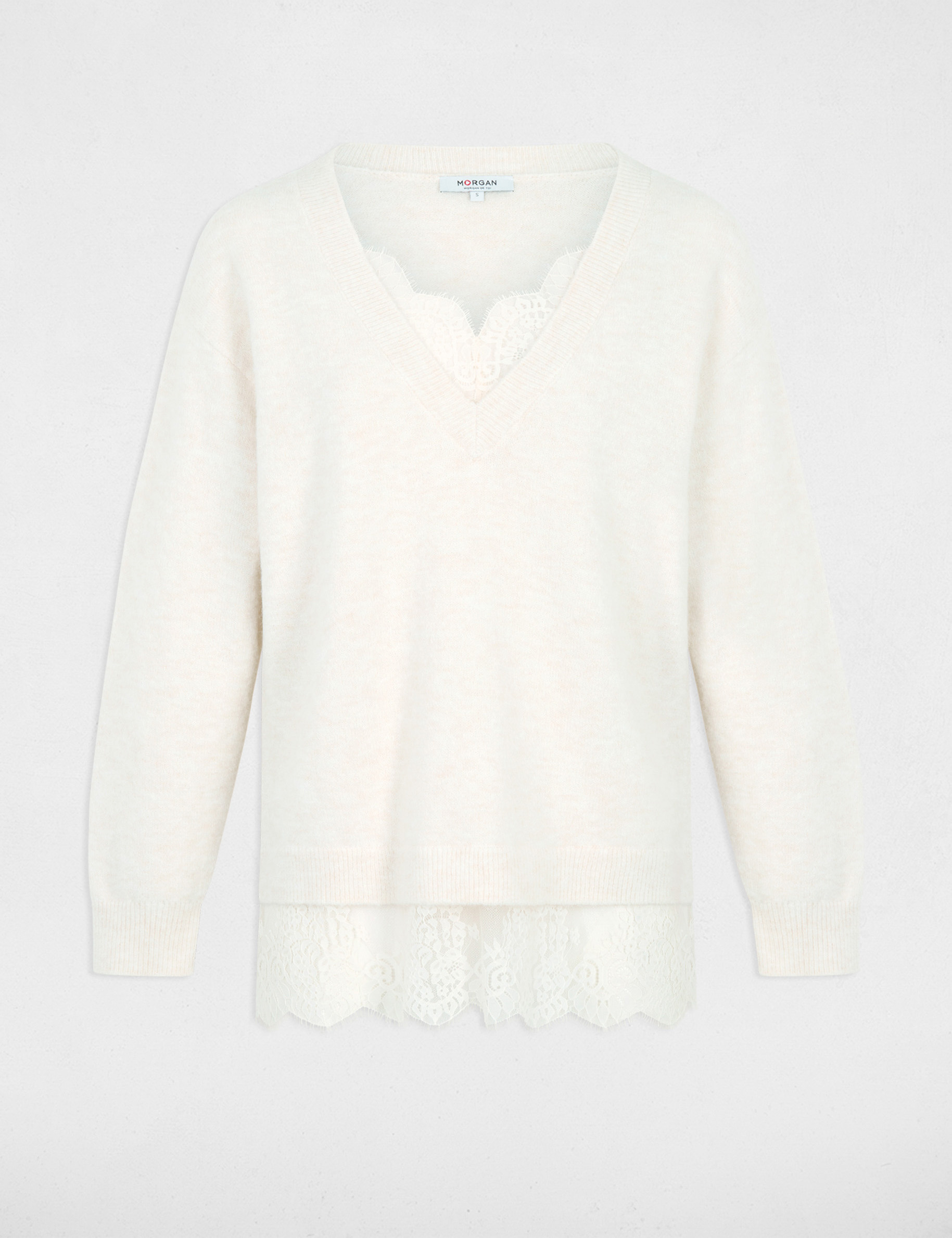 Jersey de cuello en V y mangas largas marfil mujer