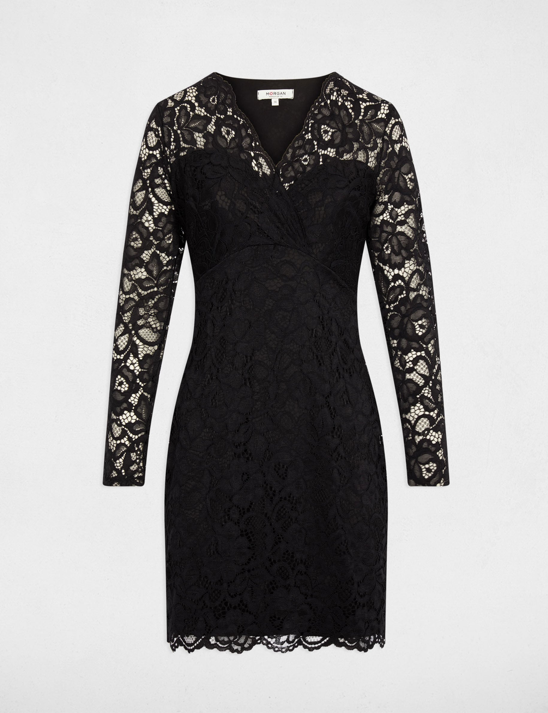 Vestido de encaje con cuello en v negro mujer