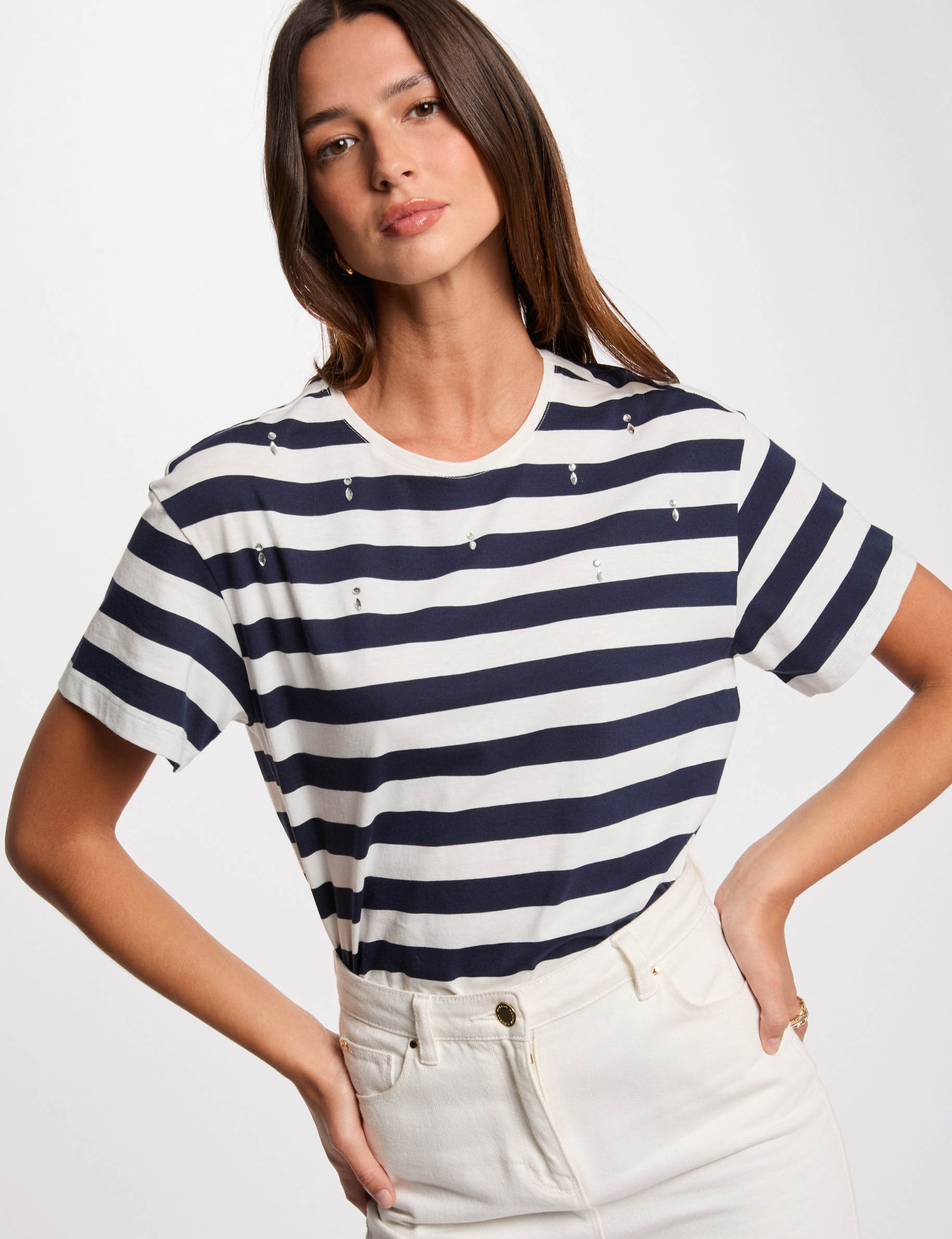 camiseta manga corta rayada blanco mujer Camiseta manga corta rayada blanco mujer