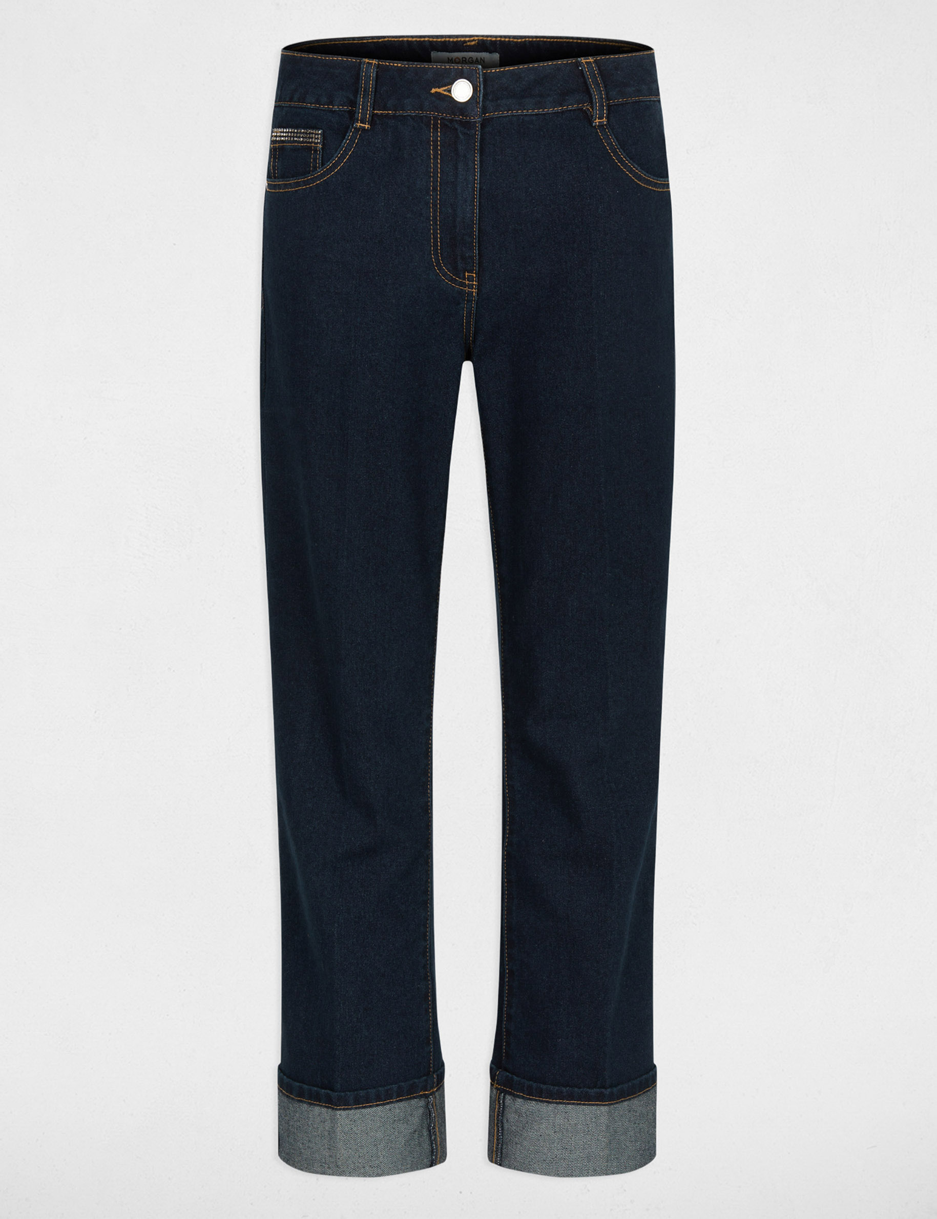 Vaqueros rectos con strass denim crudo mujer