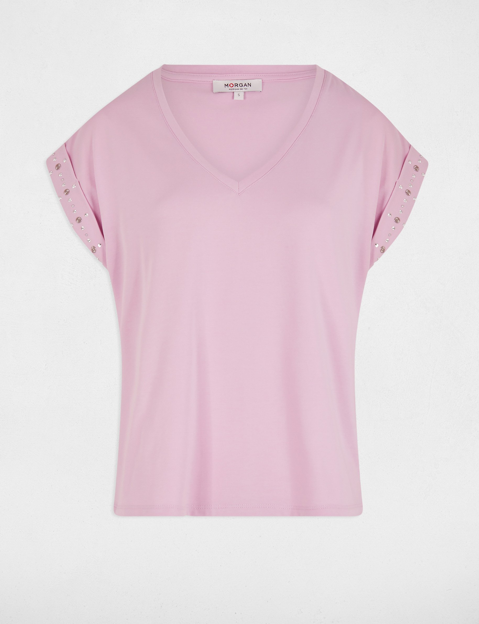 Camiseta manga corta tachuelas rosa pastel mujer
