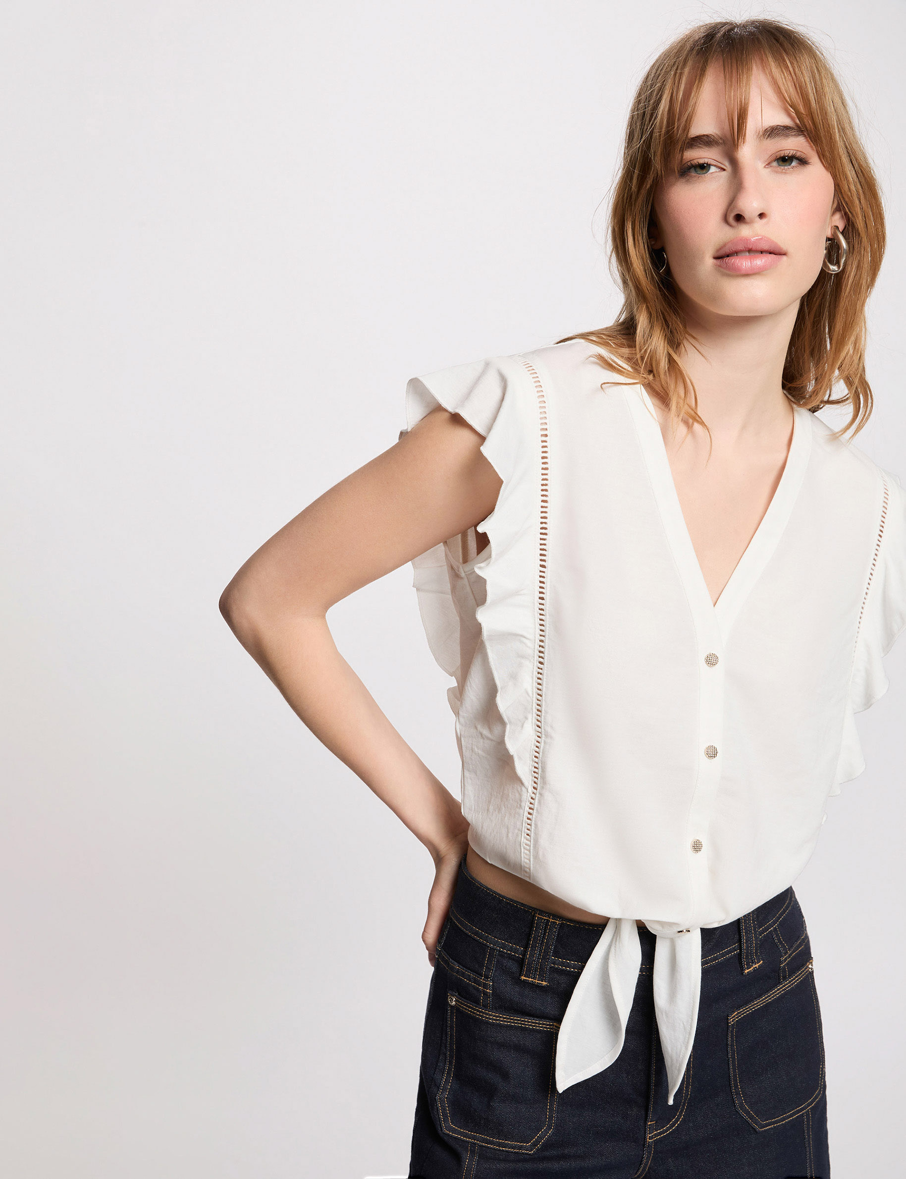 Camisa anudada cuello v blanco mujer