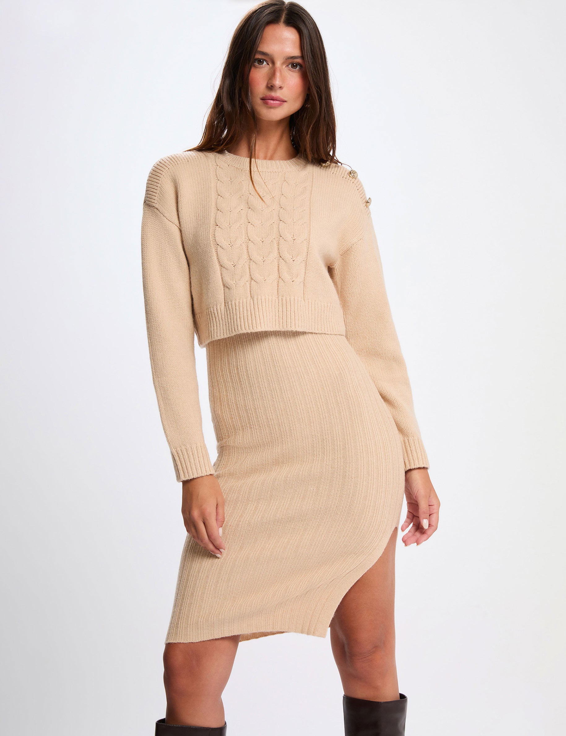 Vestido punto ajustado 2 en 1 beige mujer