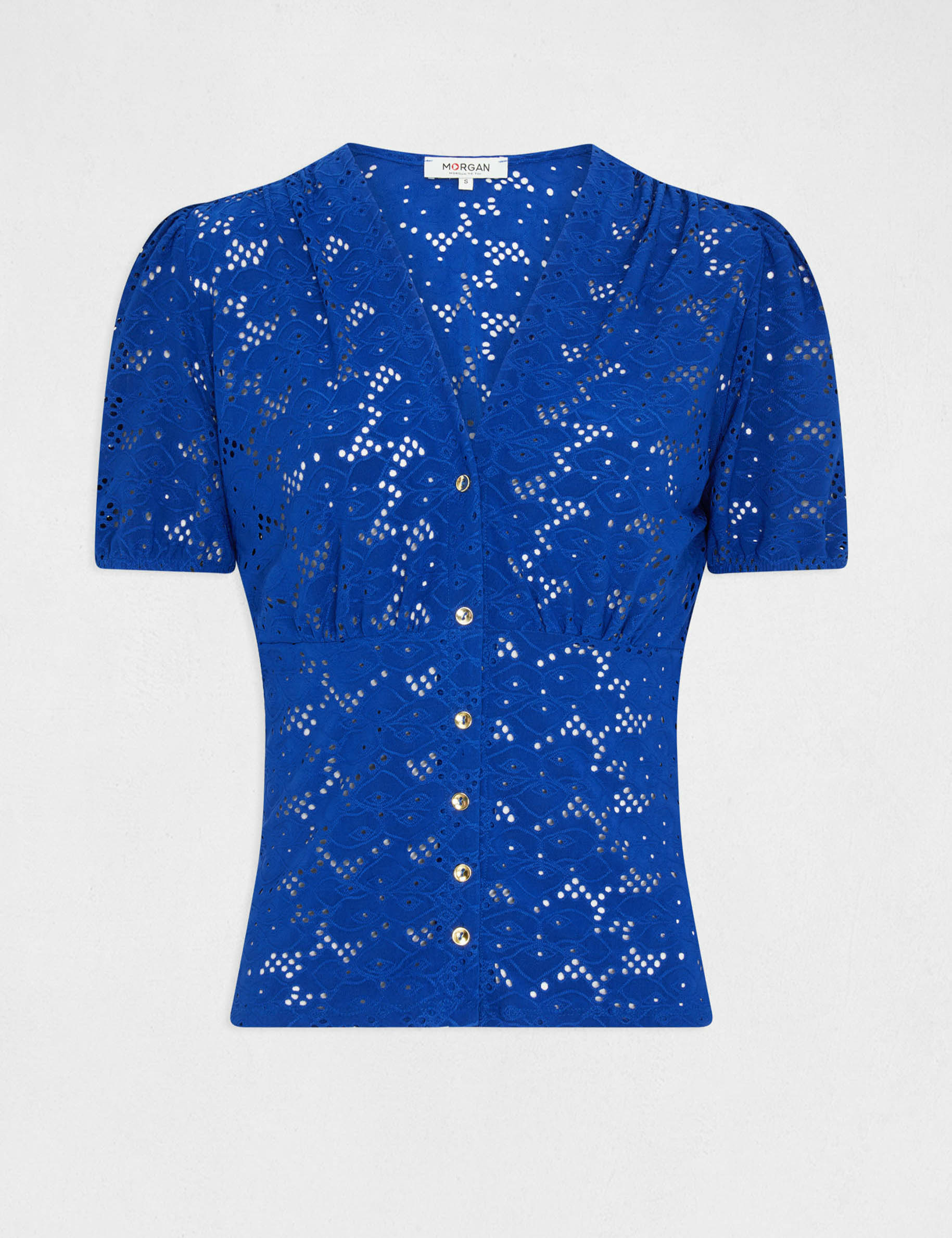 camiseta manga corta con bordado azul electrico mujer Camiseta manga corta con bordado azul eléctrico mujer