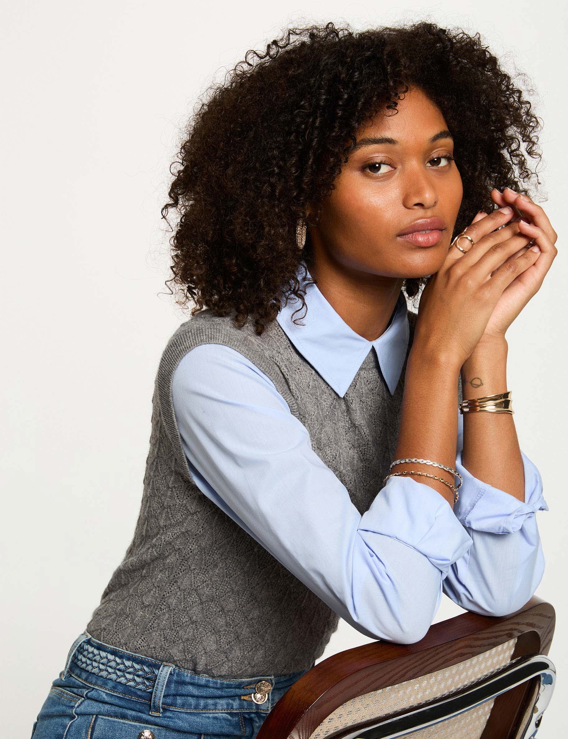 Jersey con cuello de camisa gris claro mujer