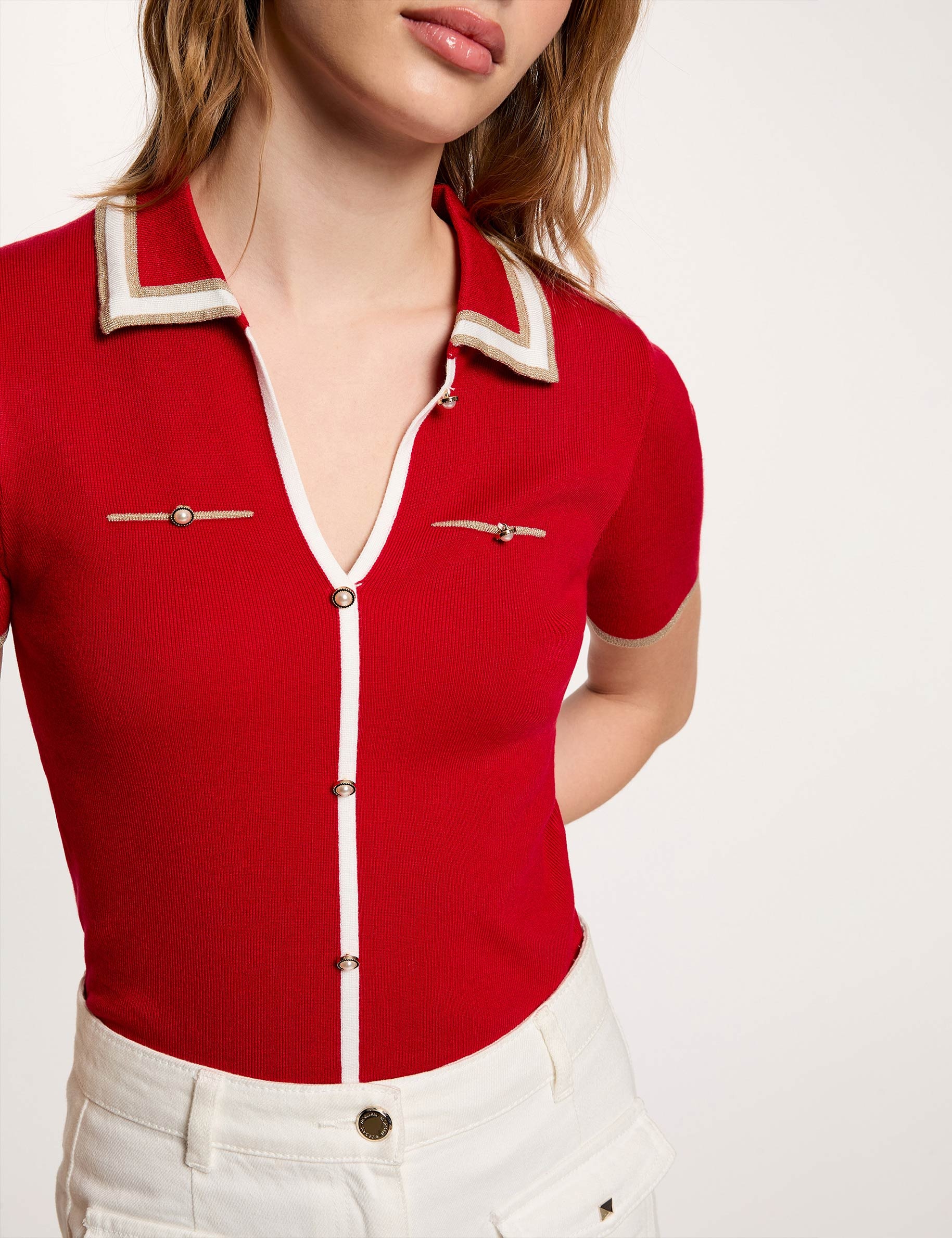 Jersey cuello tipo polo manga corta rojo mujer
