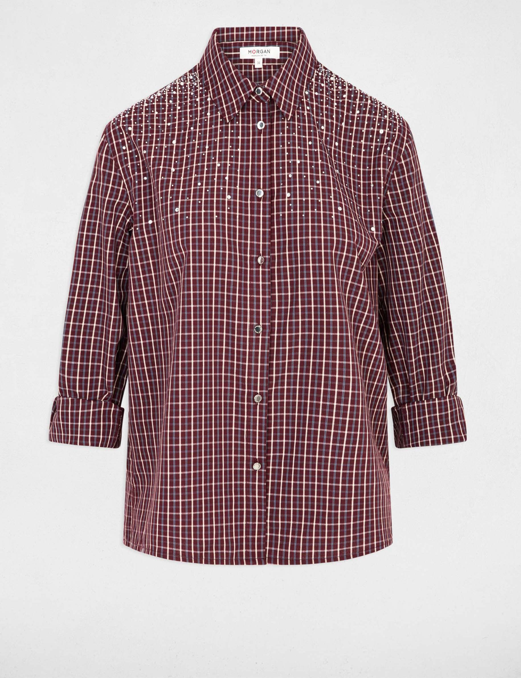 Camisa de cuadros con strass burdeos mujer