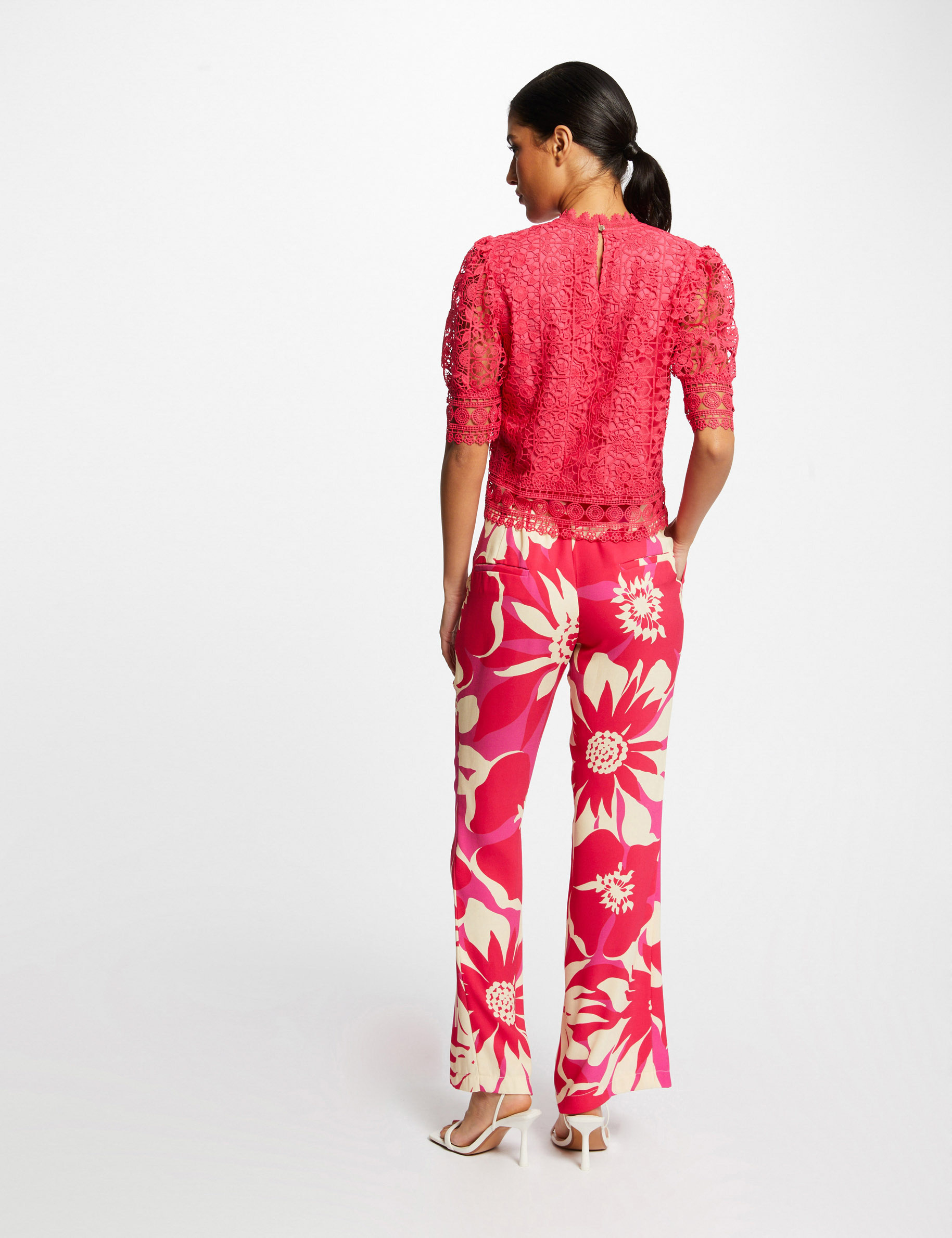blusa manga corta con encaje rosa medio mujer Blusa manga corta con encaje rosa medio mujer