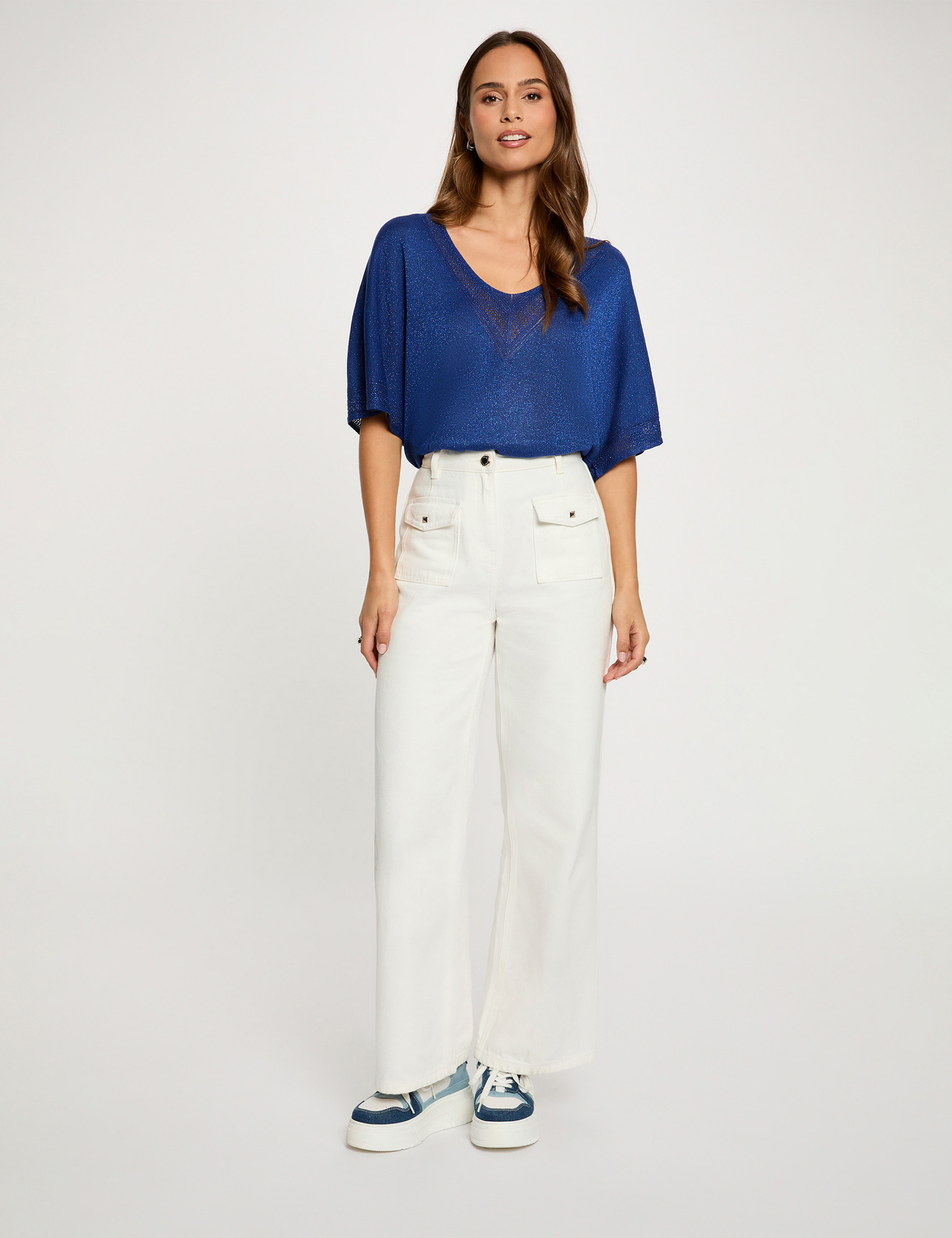 Jersey escote en V manga corta azul marino mujer