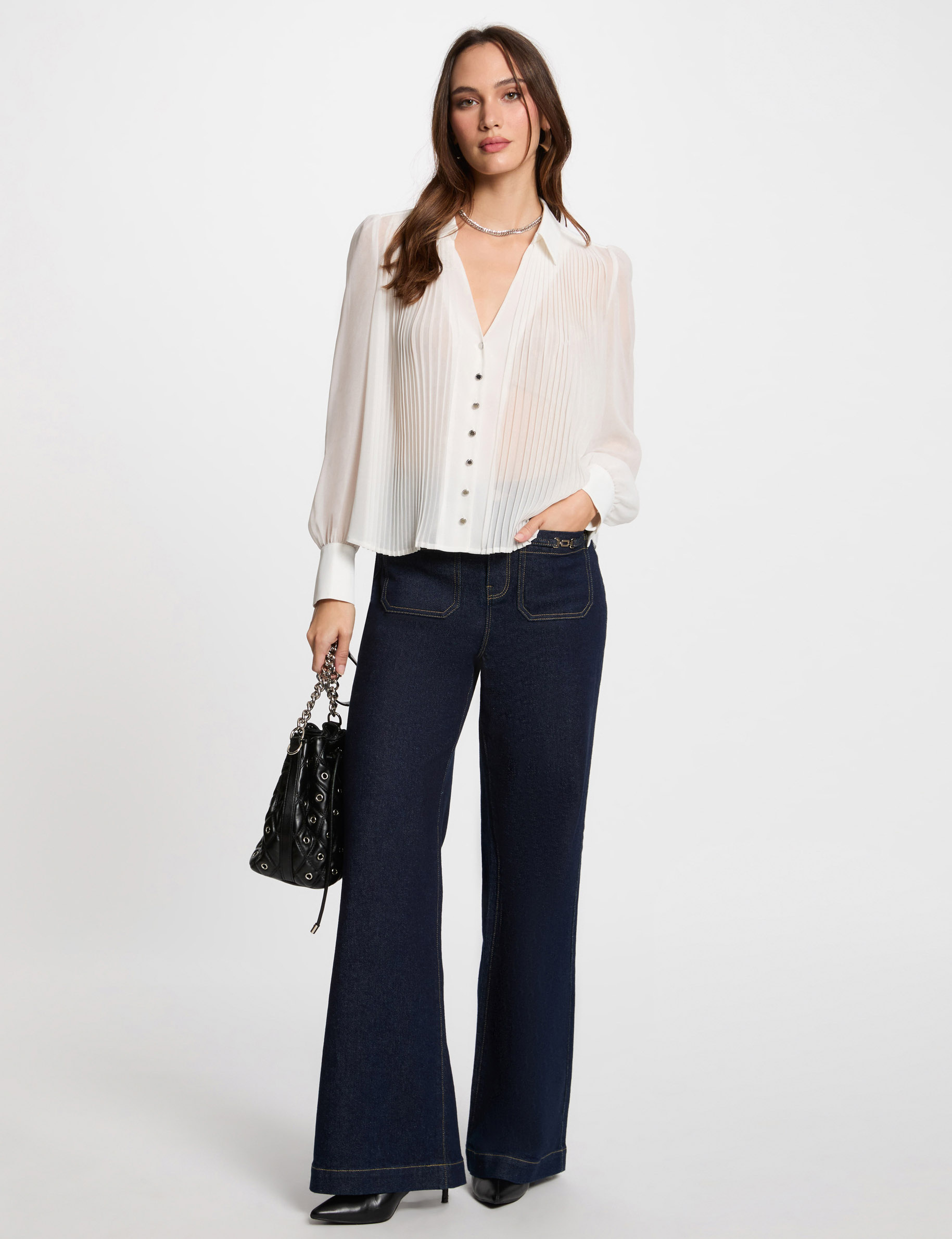 camisa manga larga pliegues blanco mujer Camisa manga larga pliegues blanco mujer