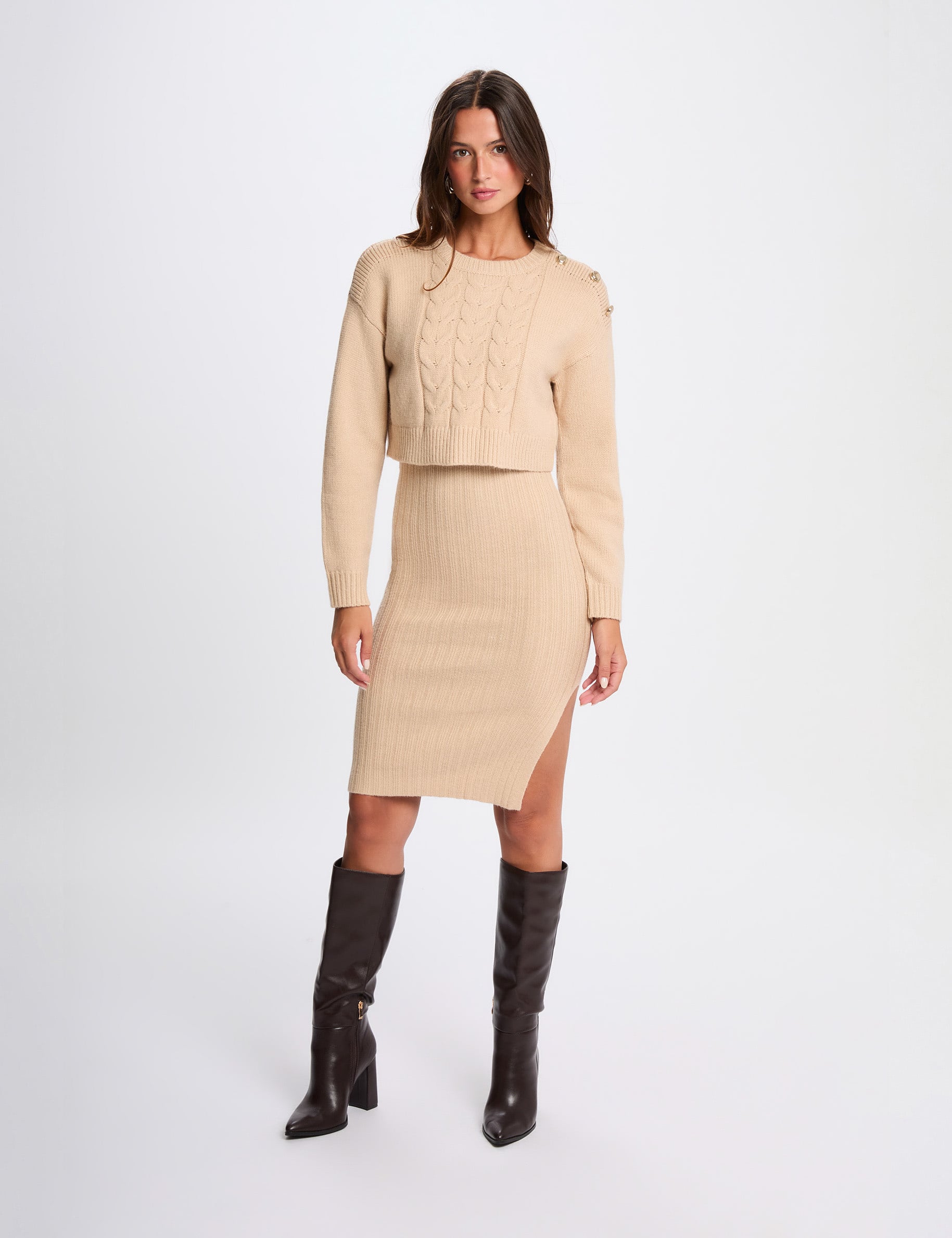 Vestido punto ajustado 2 en 1 beige mujer