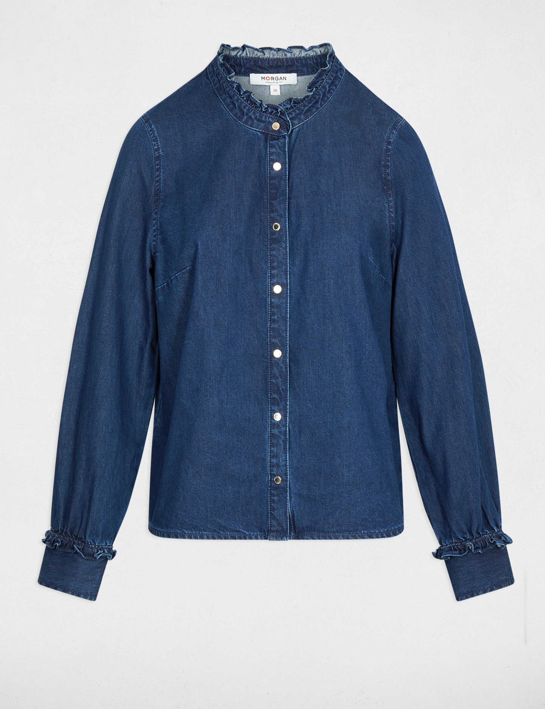 Camisa de cuello alto denim crudo mujer