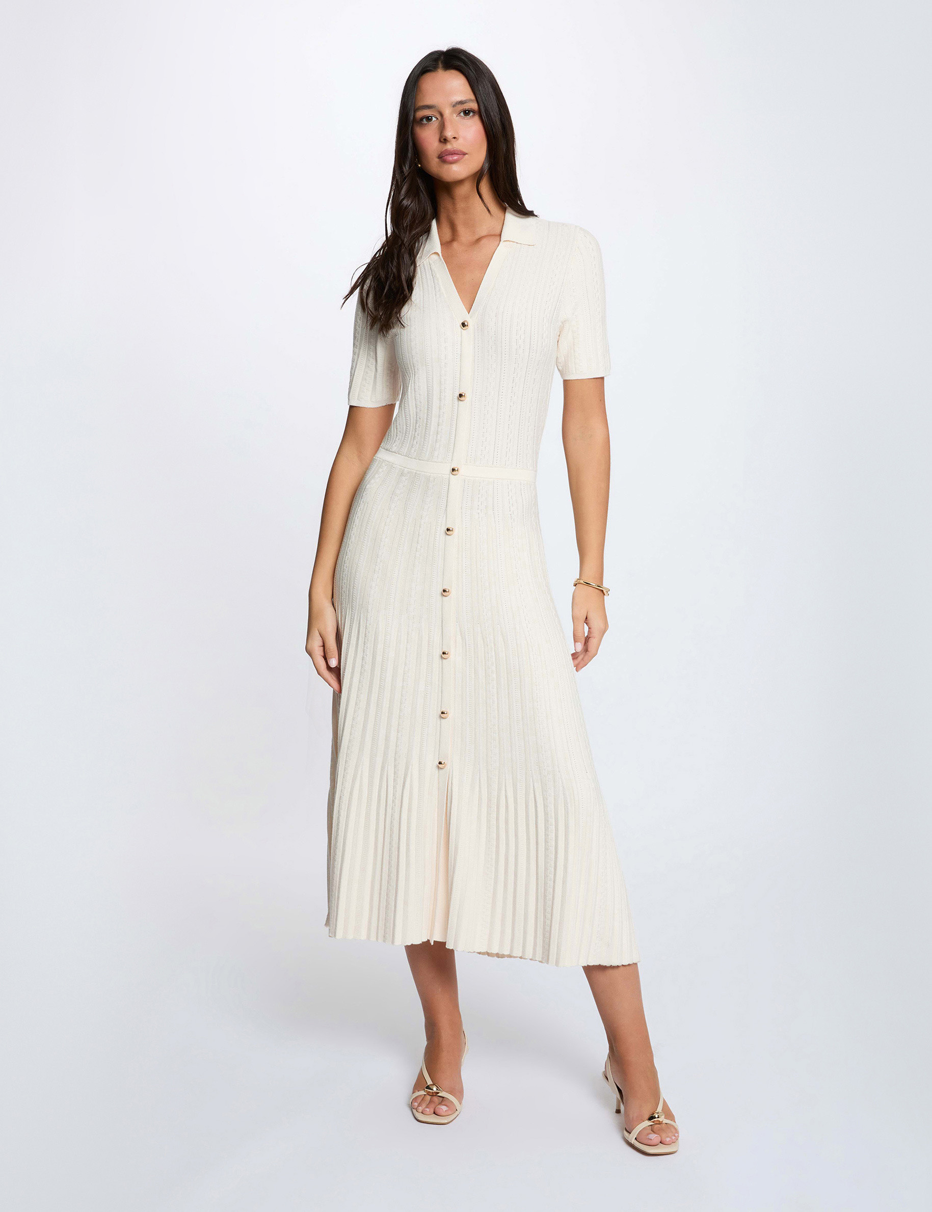 Vestido de punto con cuello vuelto marfil mujer