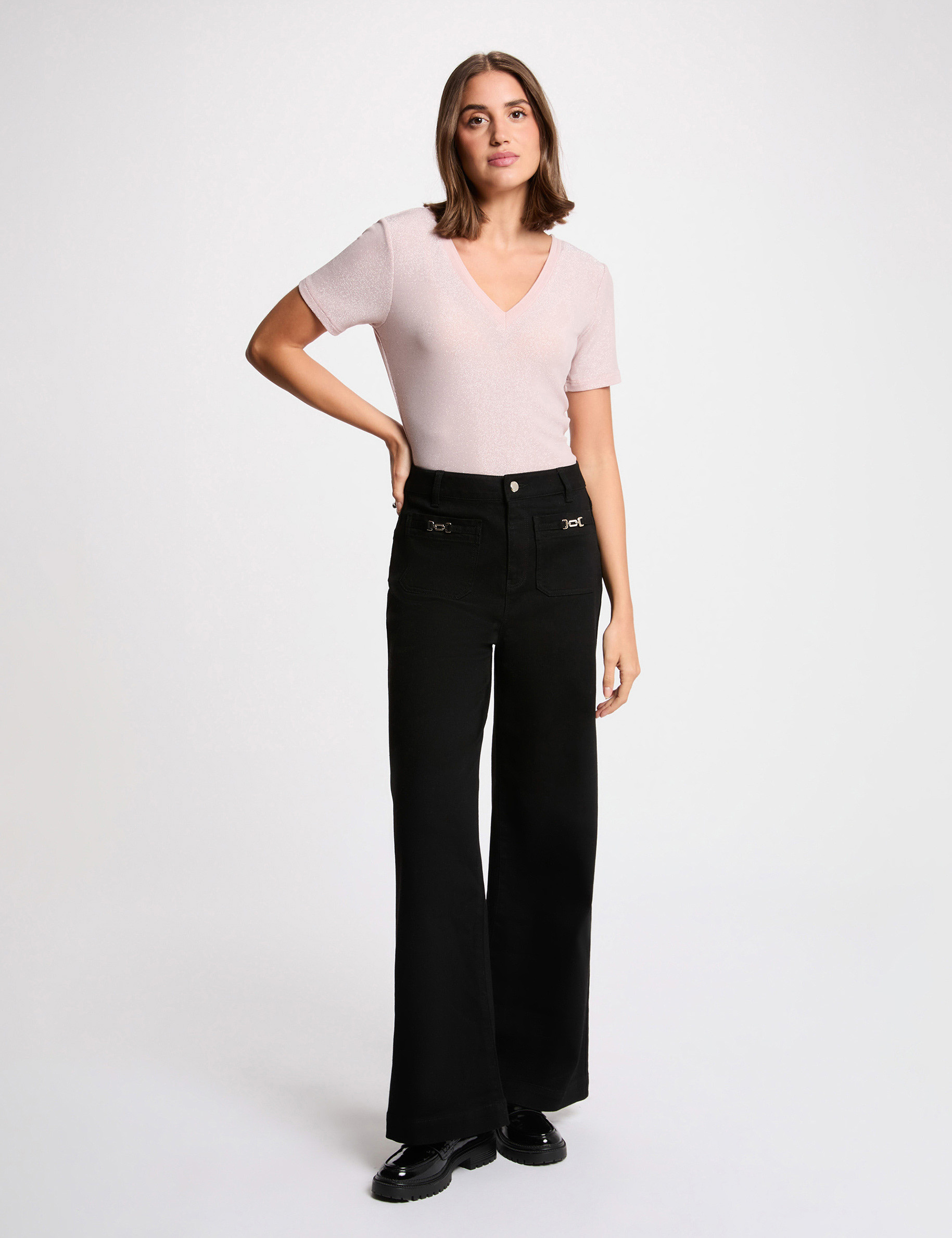 Camiseta manga corta con escote en V rosa claro mujer