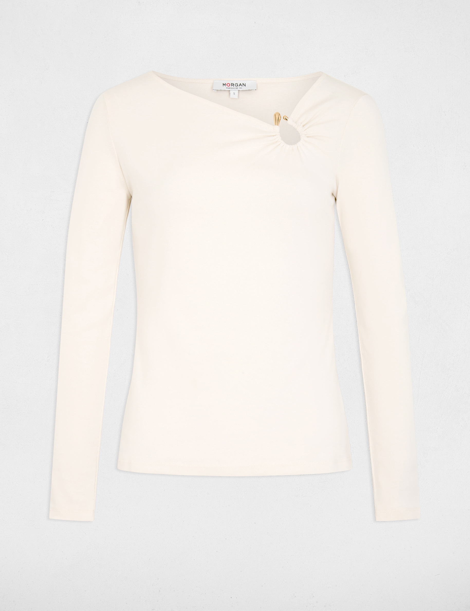 Camiseta escote manga larga marfil mujer
