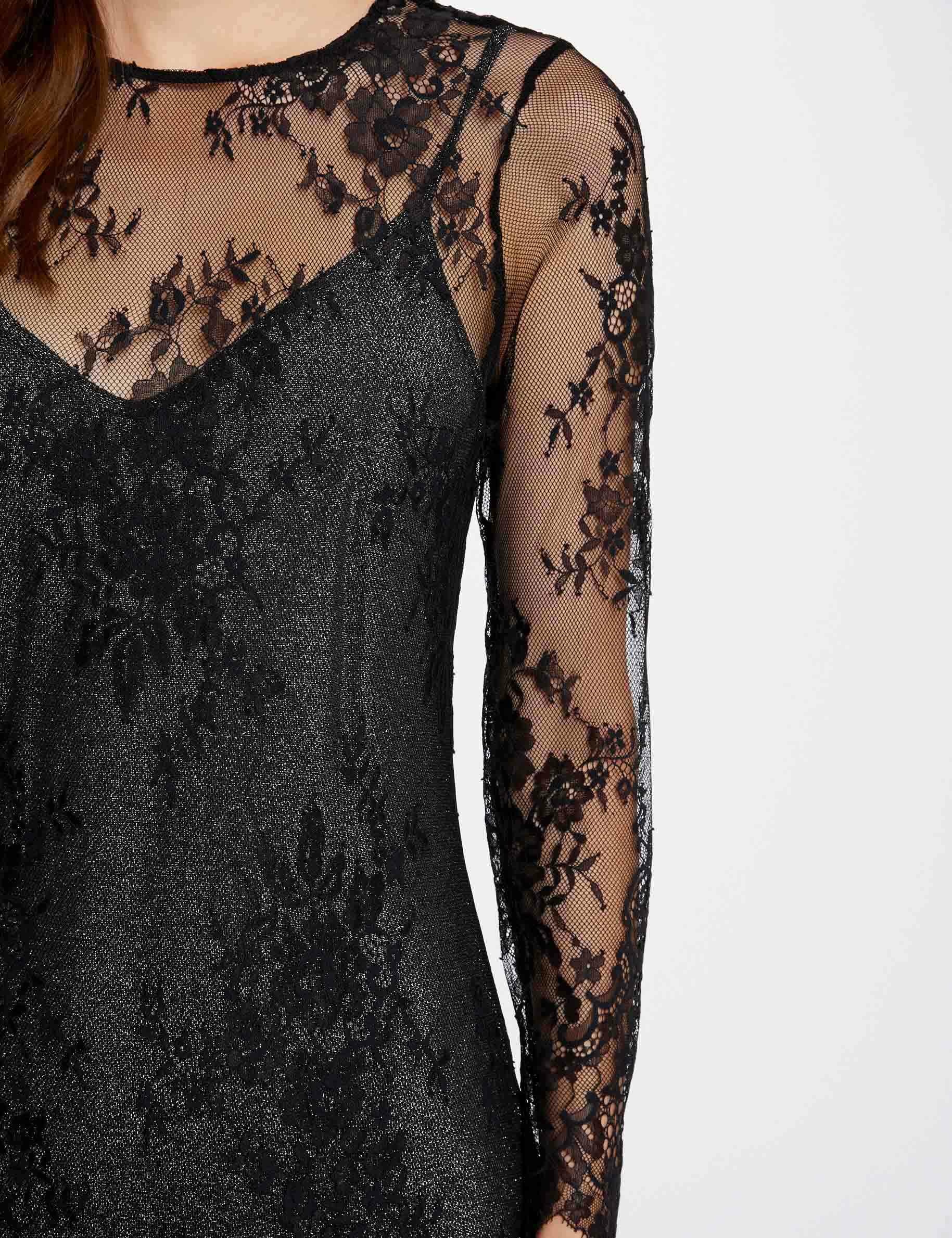 Vestido largo recto de encaje negro mujer