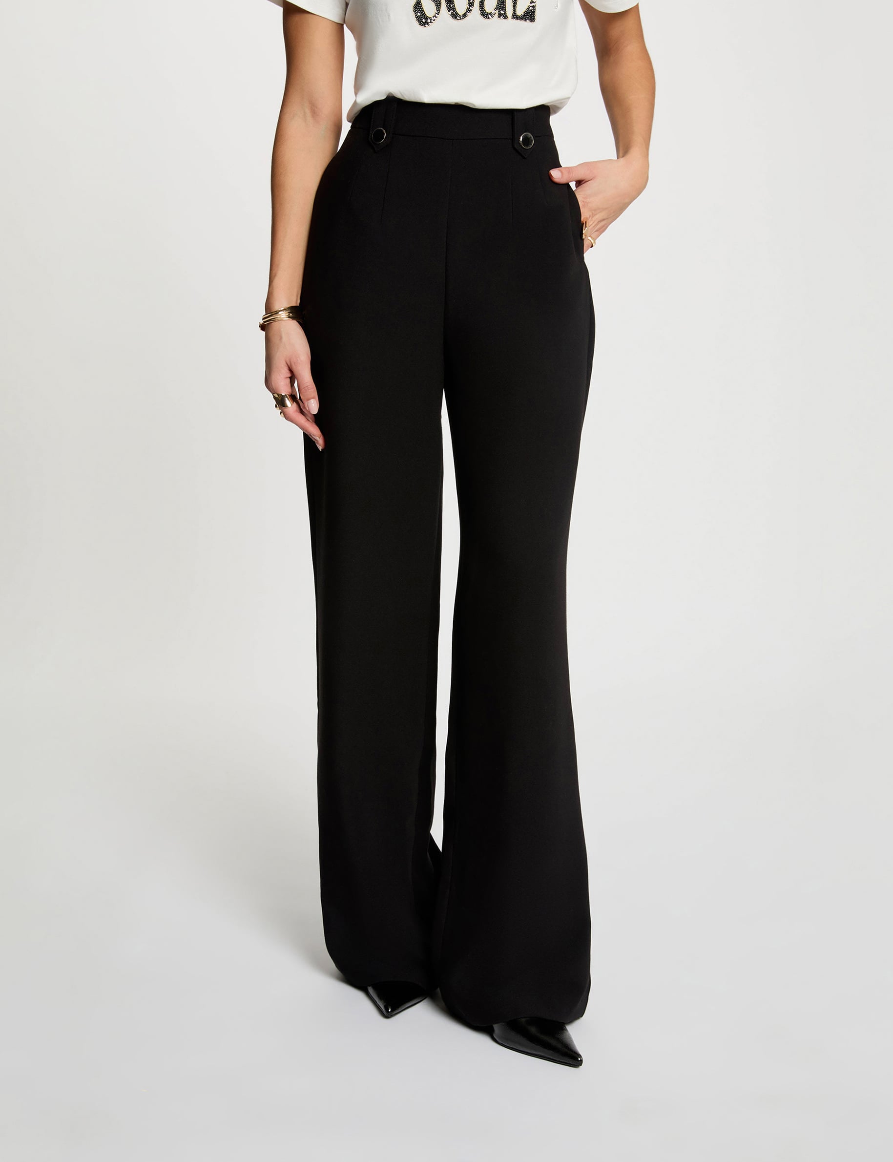 Pantal&oacute;n ancho de tiro alto negro mujer