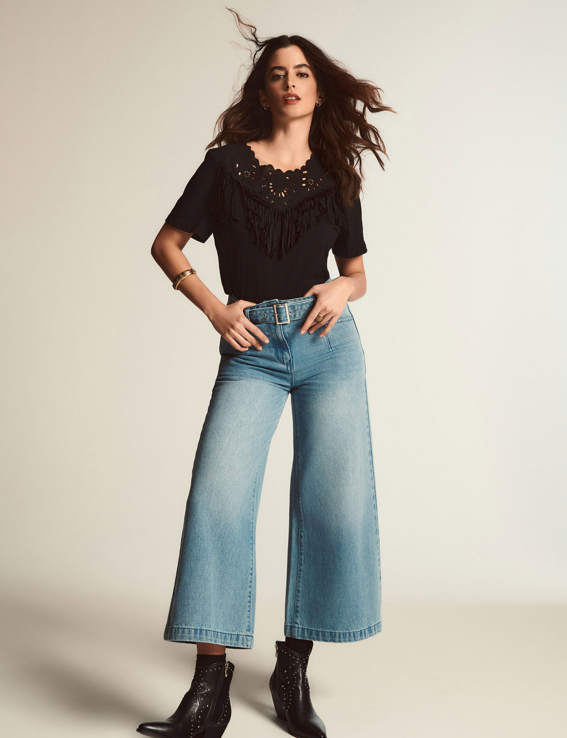vaquero pernera ancha cinturon denim descolorido mujer Vaquero pernera ancha cinturón denim descolorido mujer