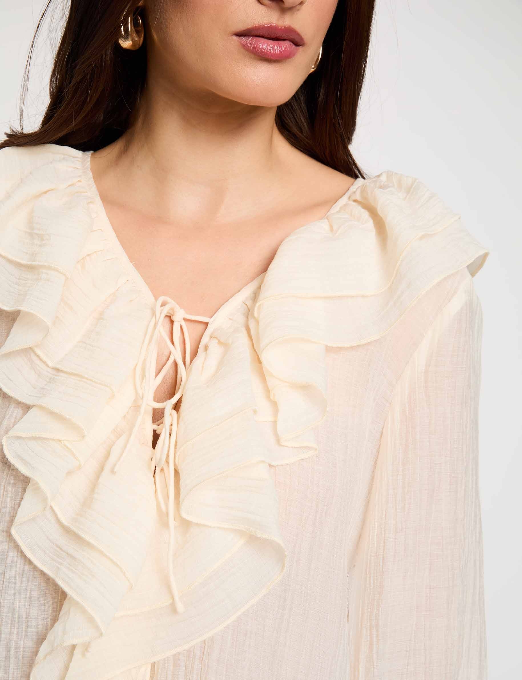 Blusa plisada con cuello en v marfil mujer