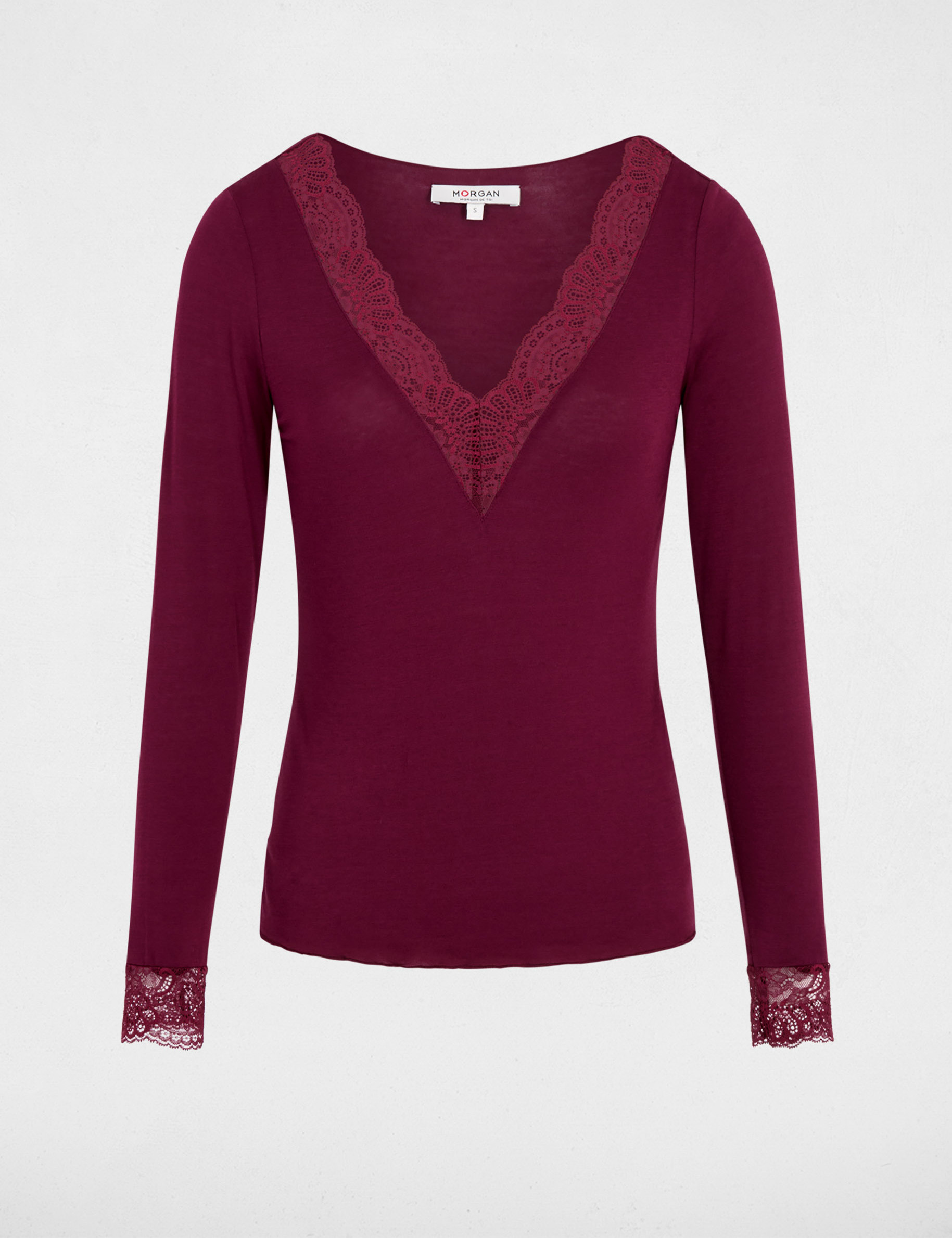 Camiseta cuello v encaje ciruela mujer