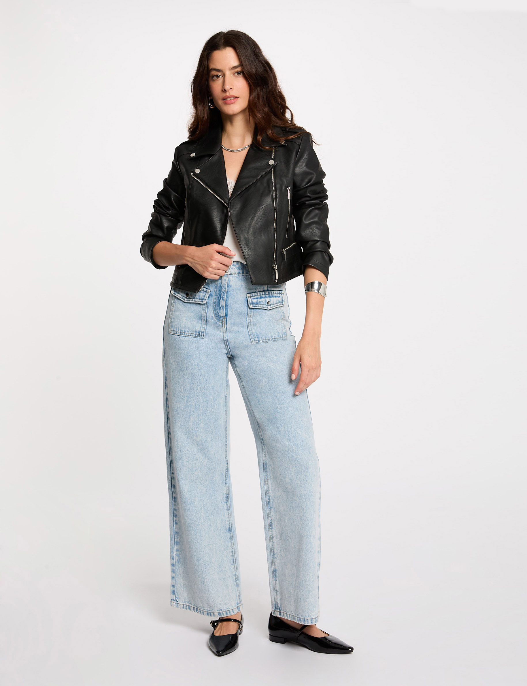 Chaqueta recta con cuello con muescas negro mujer