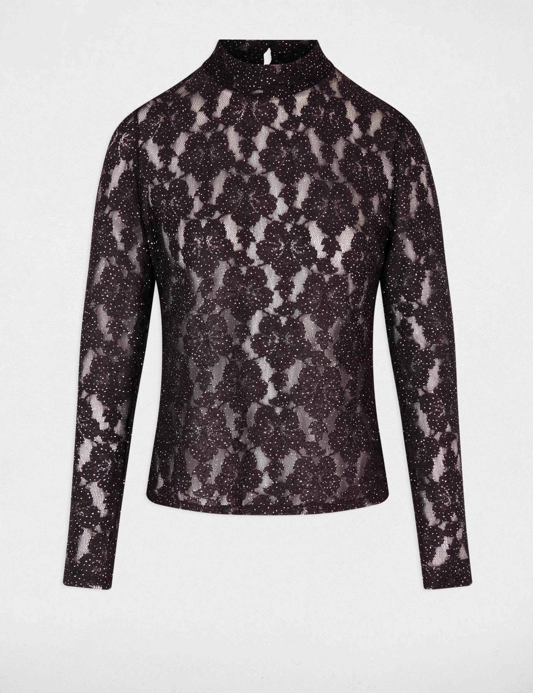 Camiseta de encaje perforado marr&oacute;n oscuro mujer