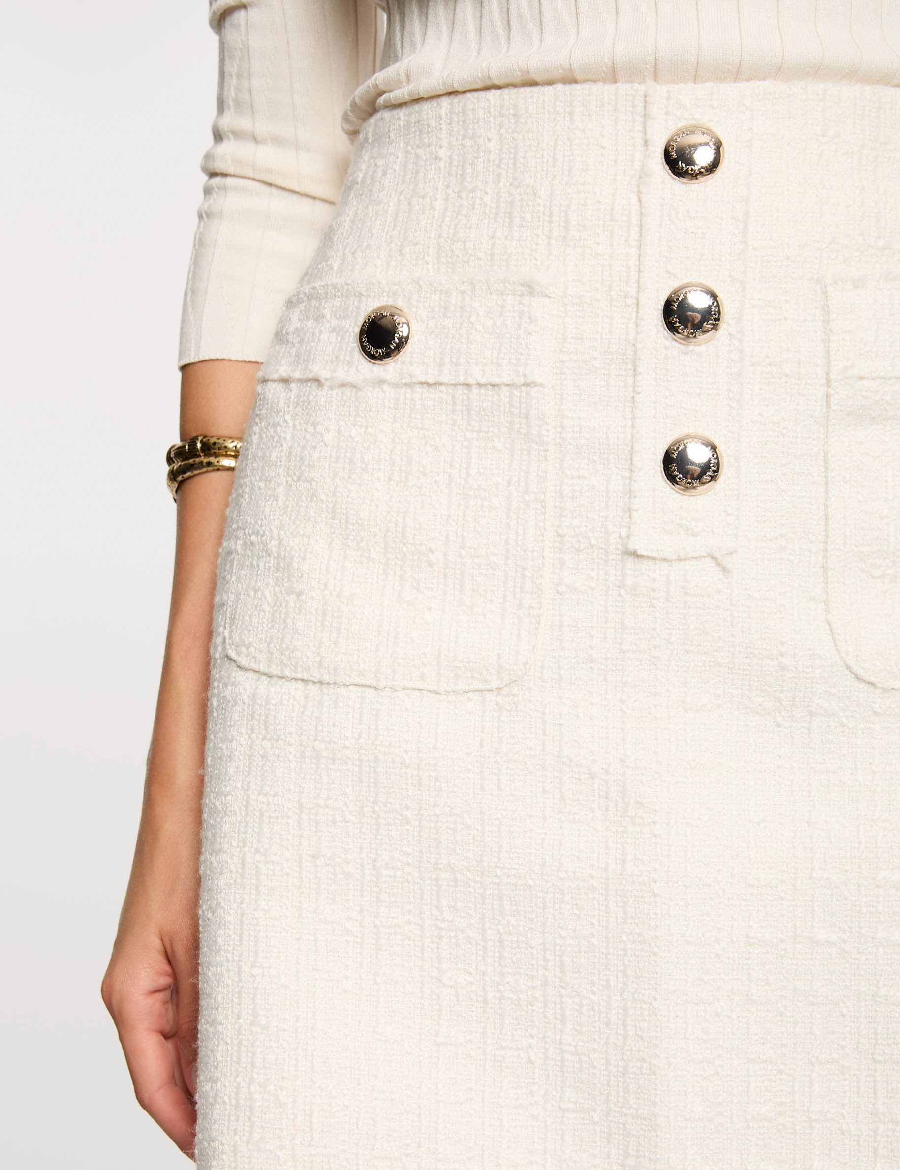 Falda corta de tweed marfil mujer
