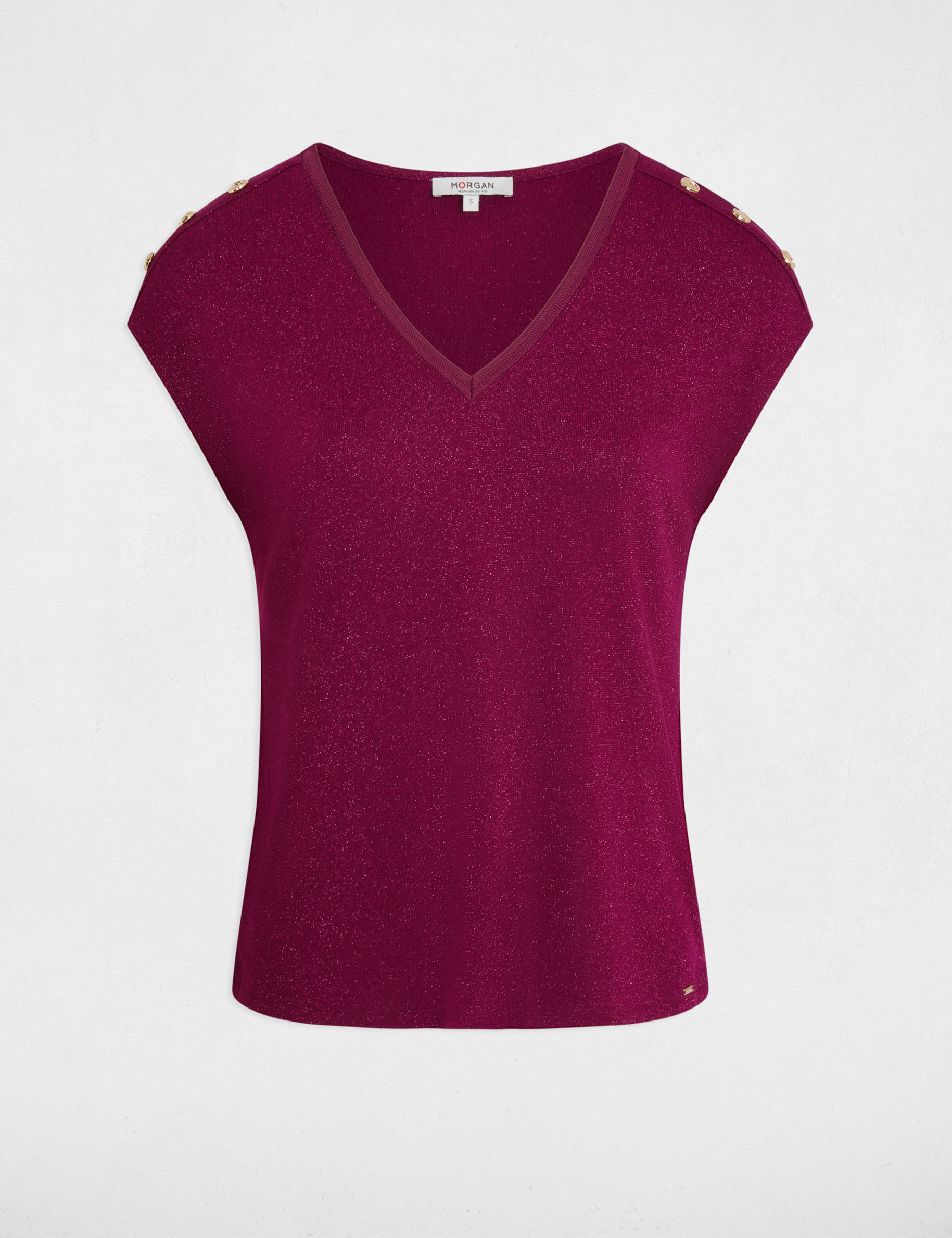 Camiseta cuello v con botones ciruela mujer