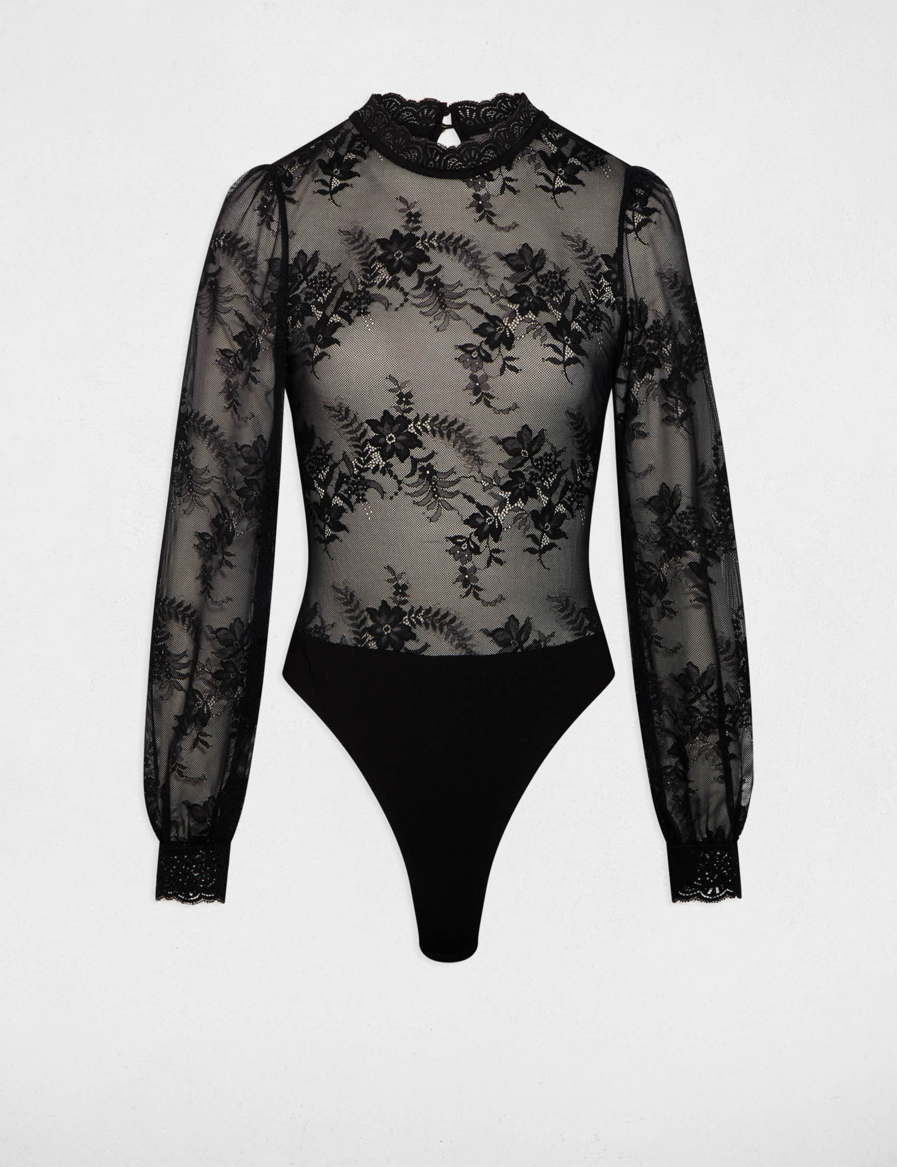Body de encaje con mangas largas negro mujer