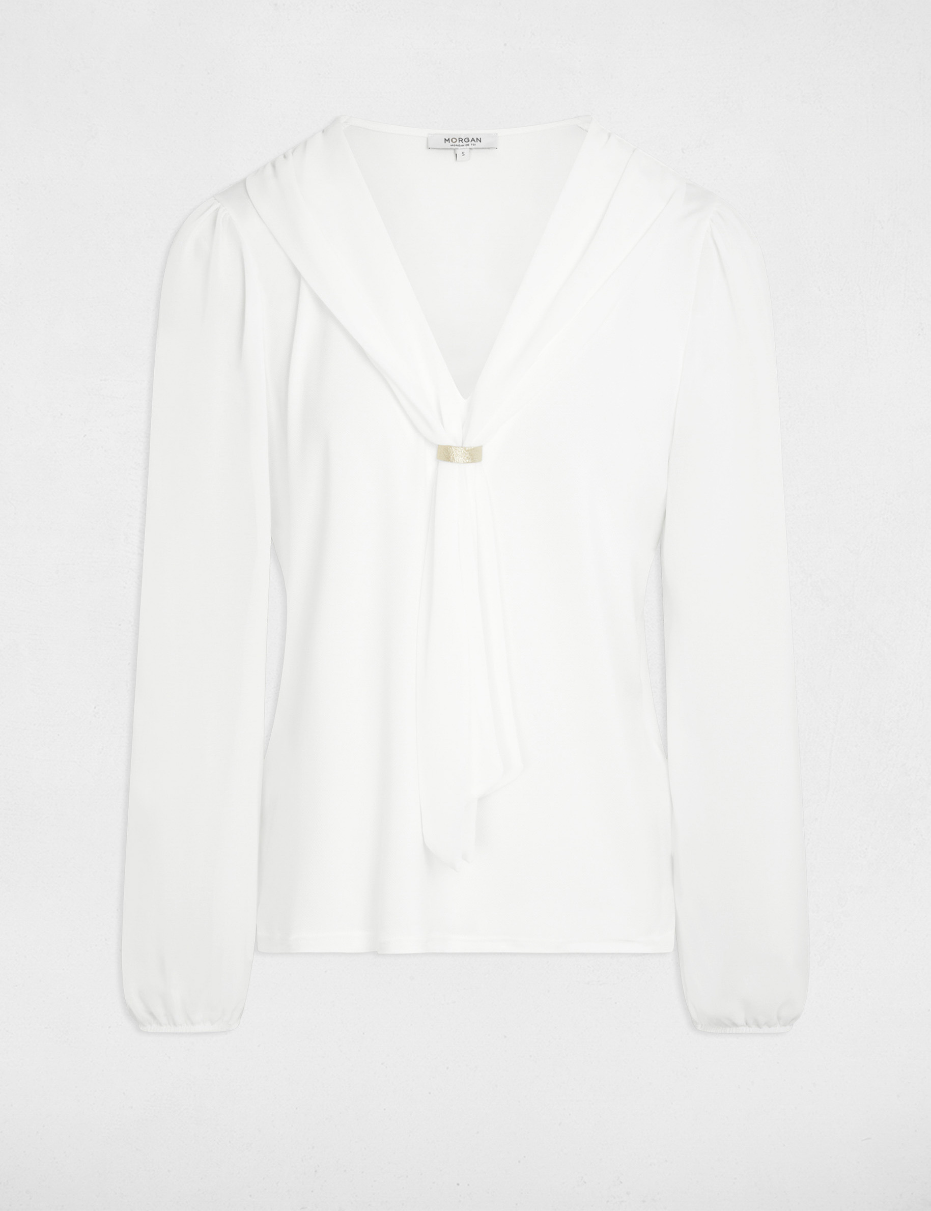 Camiseta de voile con cuello lazada blanco mujer