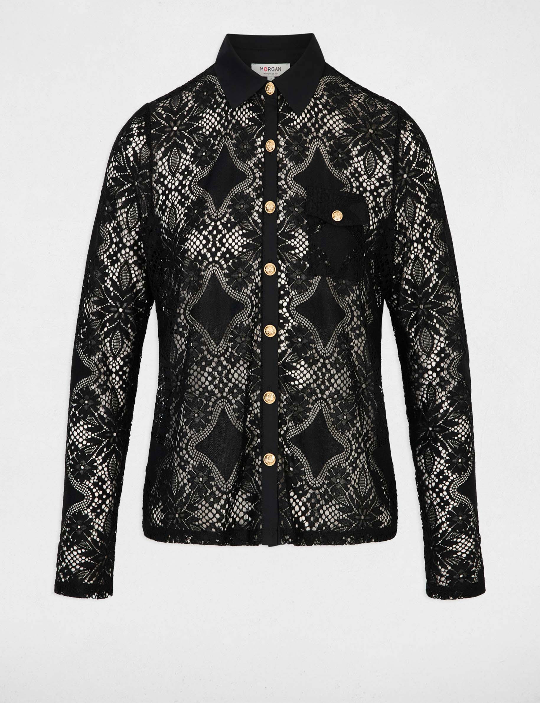Camisa de encaje con cuello vuelto negro mujer