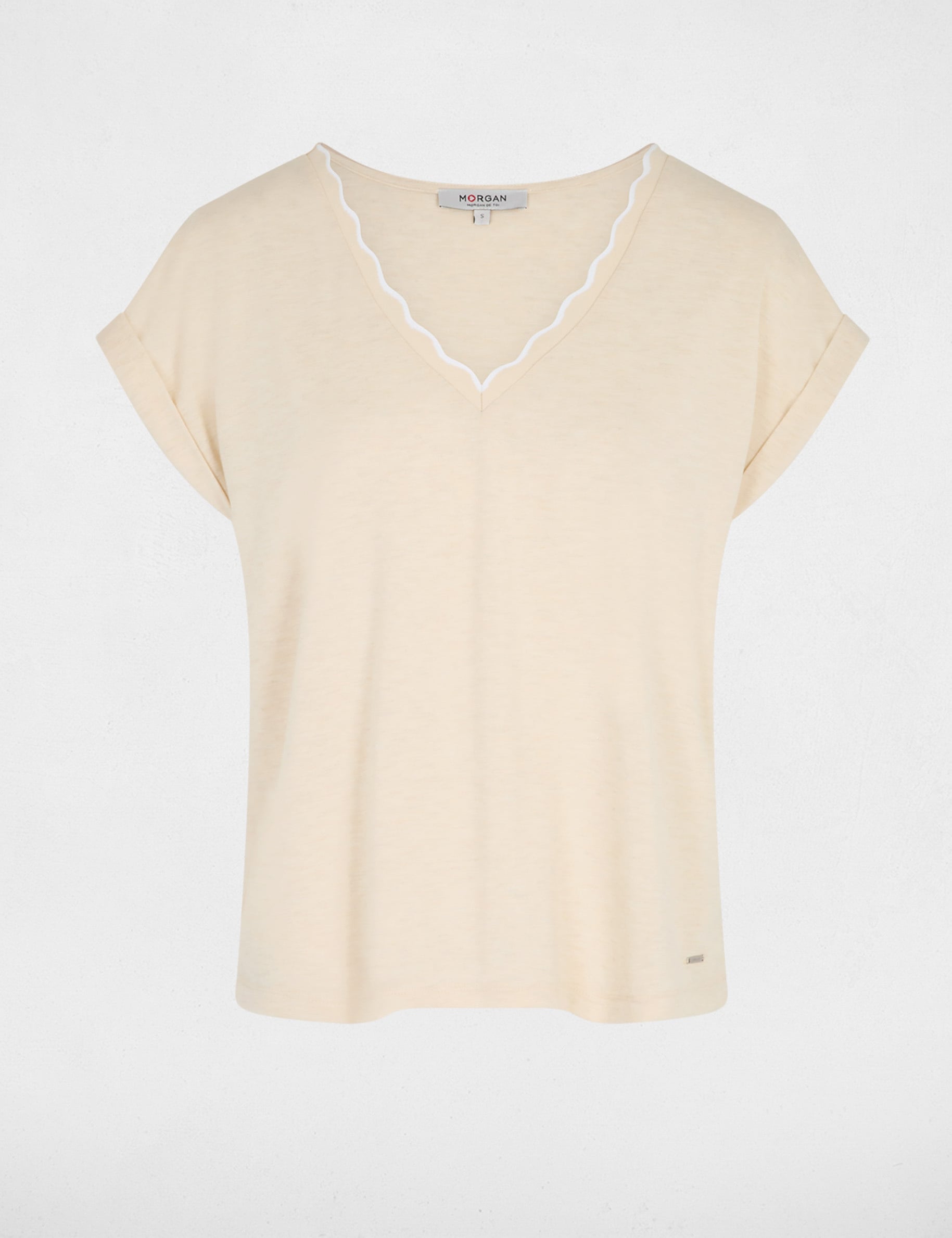Camiseta cuello v manga corta beige mujer