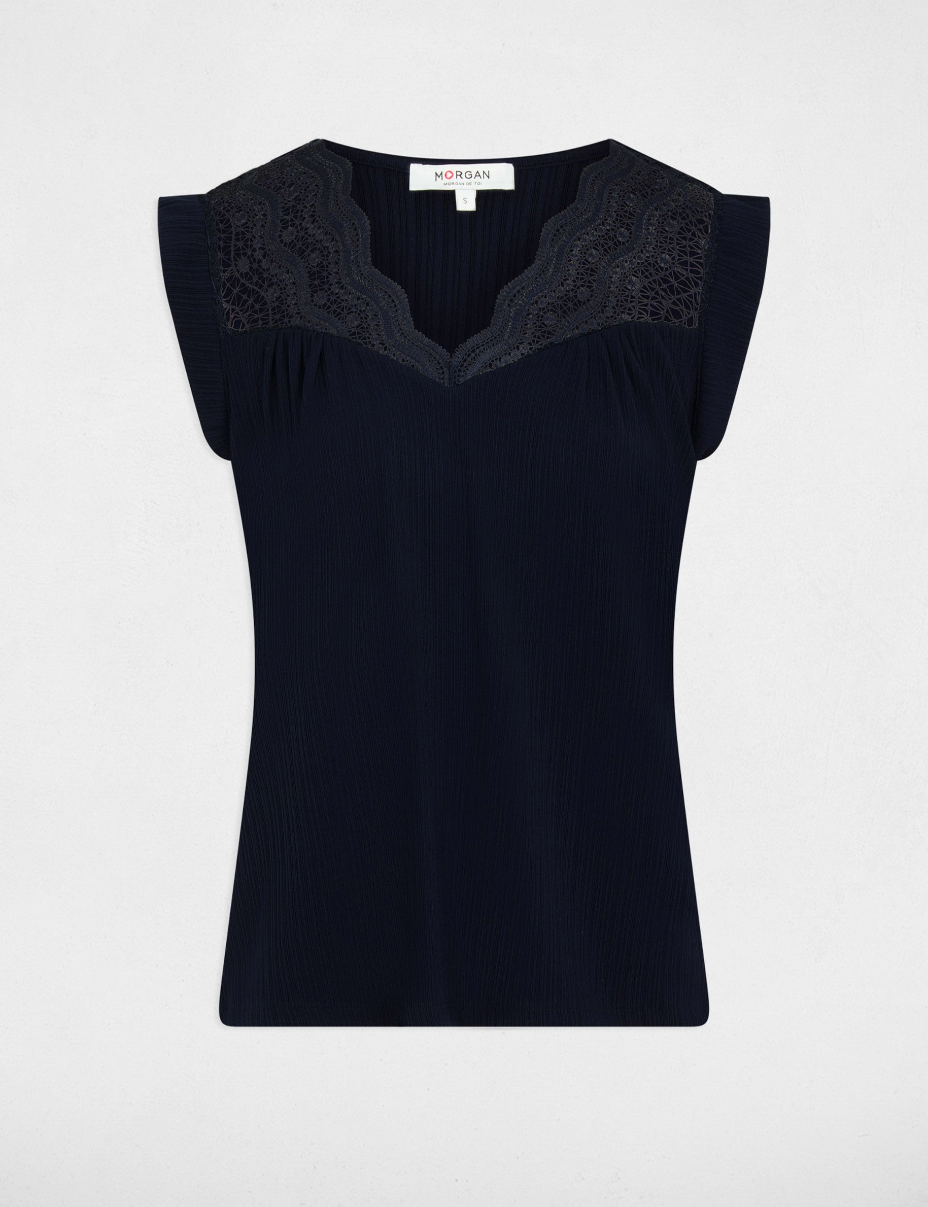 Top plisado con encaje azul marino mujer
