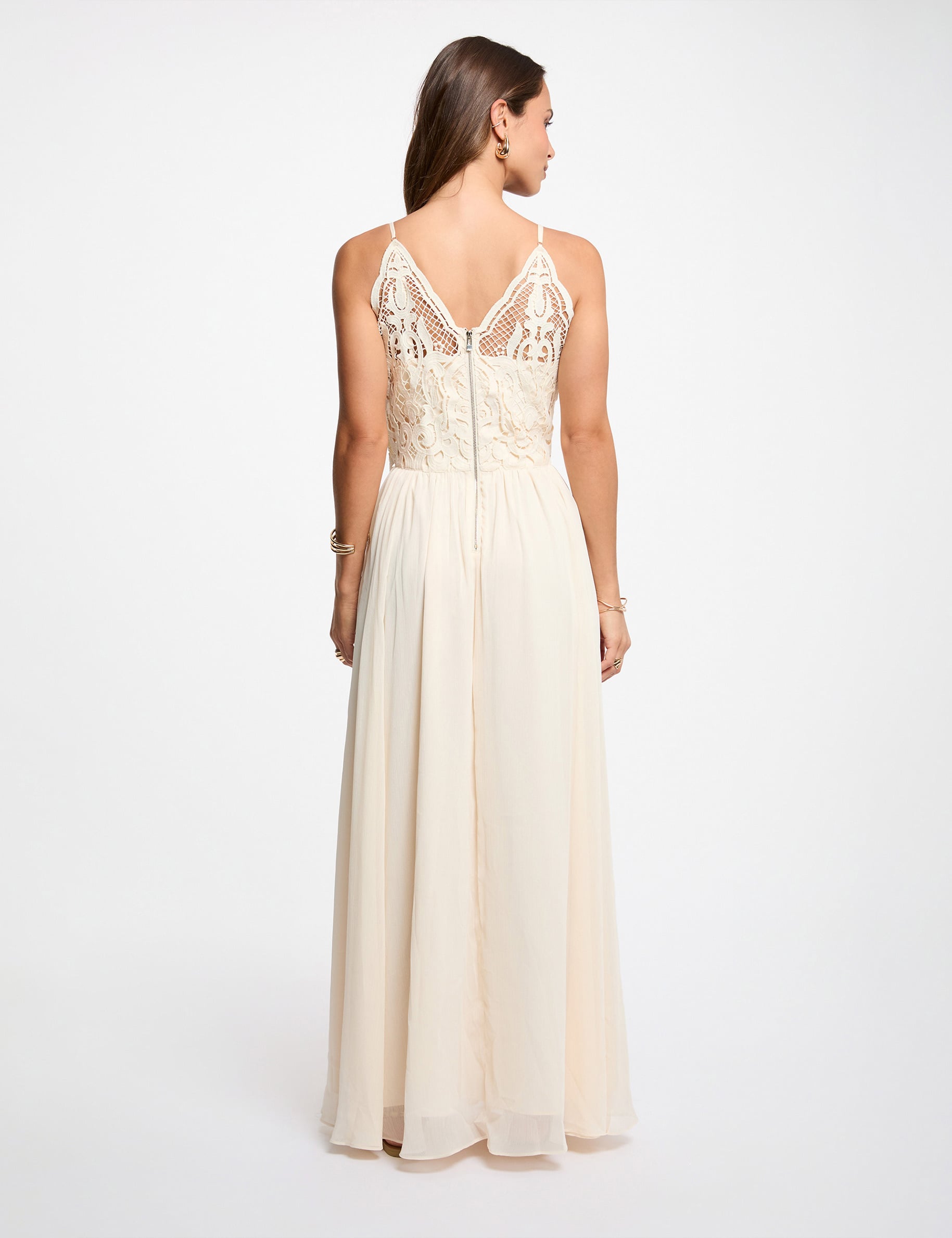 Vestido largo de encaje creme mujer