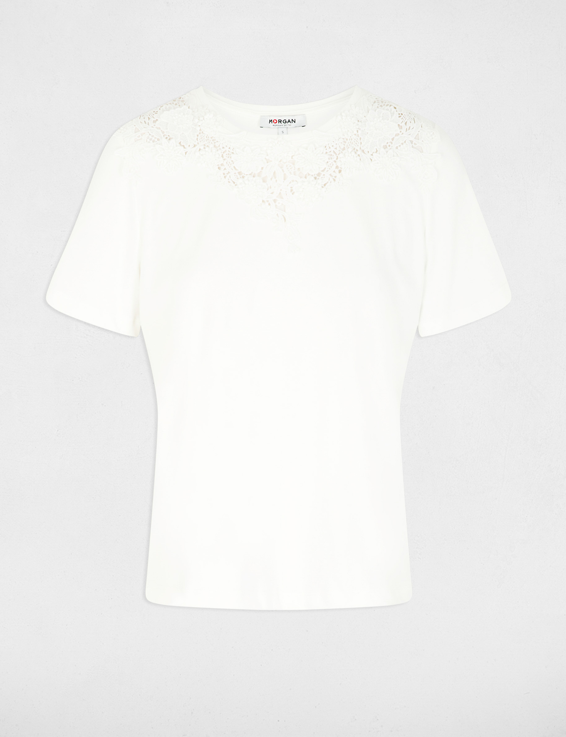 Camiseta de encaje con cuello redondo blanco mujer
